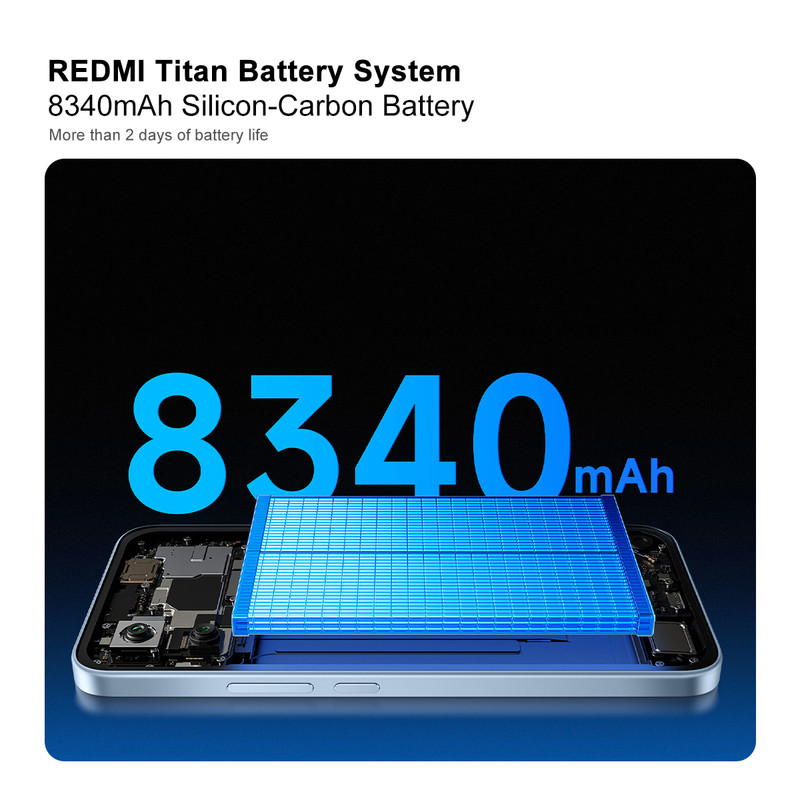 Sistema de batería Redmi Titan con batería de silicio-carbono de 8340mAh sobre un circuito de teléfono.