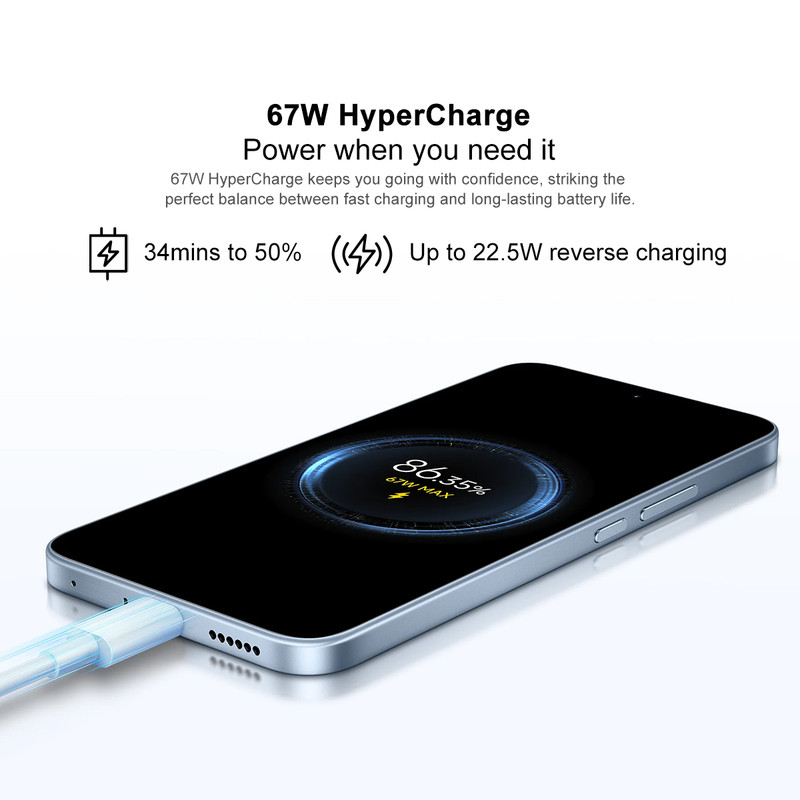 Smartphone muestra 67W HyperCharge con carga inalambrica y 86.35% de bateria.
