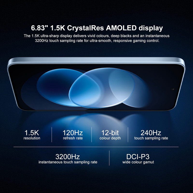 Smartphone con especificaciones: pantalla AMOLED de 6.83 pulgadas 1.5K, tasa de refresco de 120Hz.