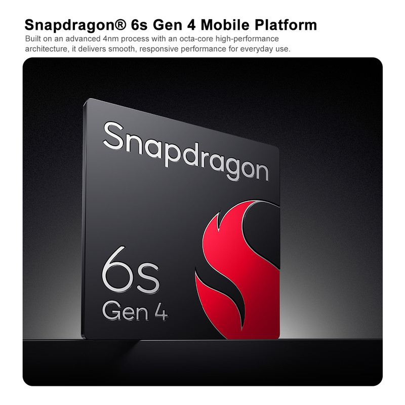 Un gráfico cuadrado oscuro muestra el logotipo de Snapdragon, 6s Gen 4 y una llama roja sobre un fondo negro.