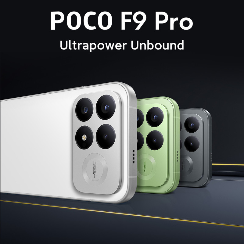 Tres smartphones POCO F9 Pro en blanco, verde y gris sobre fondo oscuro.