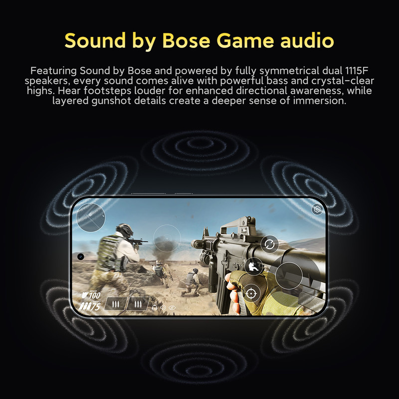 Teléfono que muestra un juego de disparos, destacando el audio Bose con gráficos de ondas sonoras.
