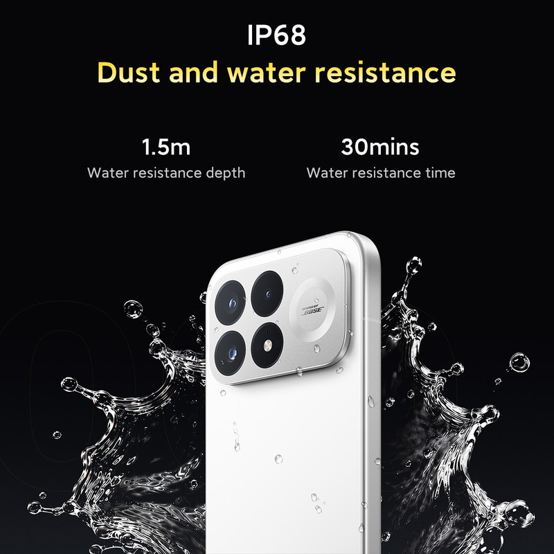 Un smartphone blanco rodeado de salpicaduras de agua sobre fondo negro, con especificaciones de resistencia IP68.