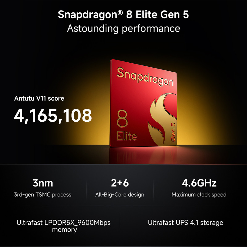 Infografía del procesador Snapdragon 8 Elite Gen 5 con especificaciones y puntuación Antutu sobre fondo negro.