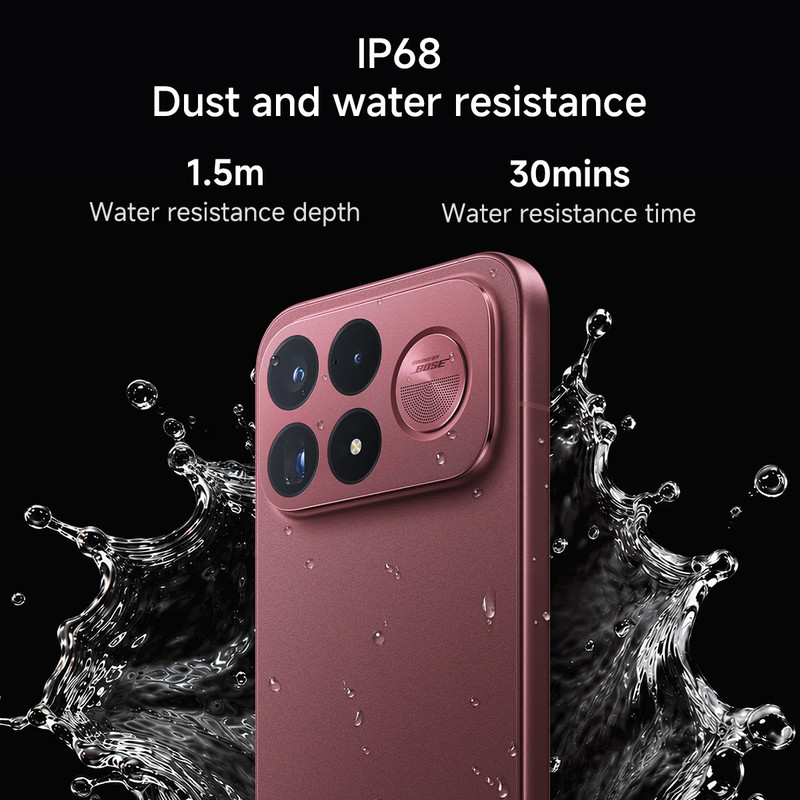 Un teléfono inteligente rosa con cuatro lentes de cámara sobre fondo negro con salpicaduras de agua y texto.