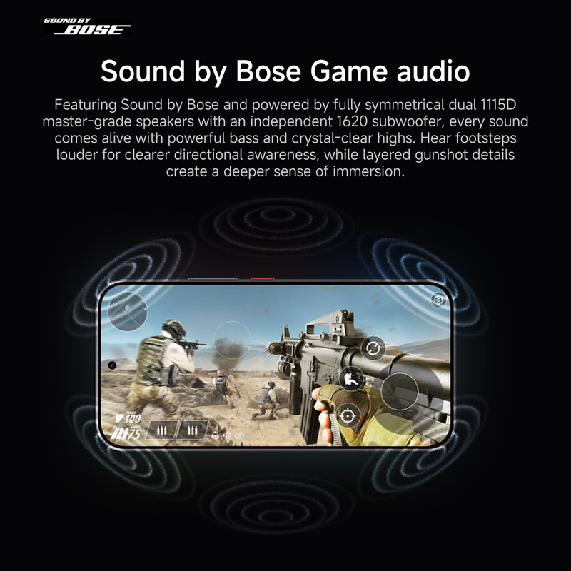 Smartphone que muestra un juego de disparos con audio Sound by Bose.