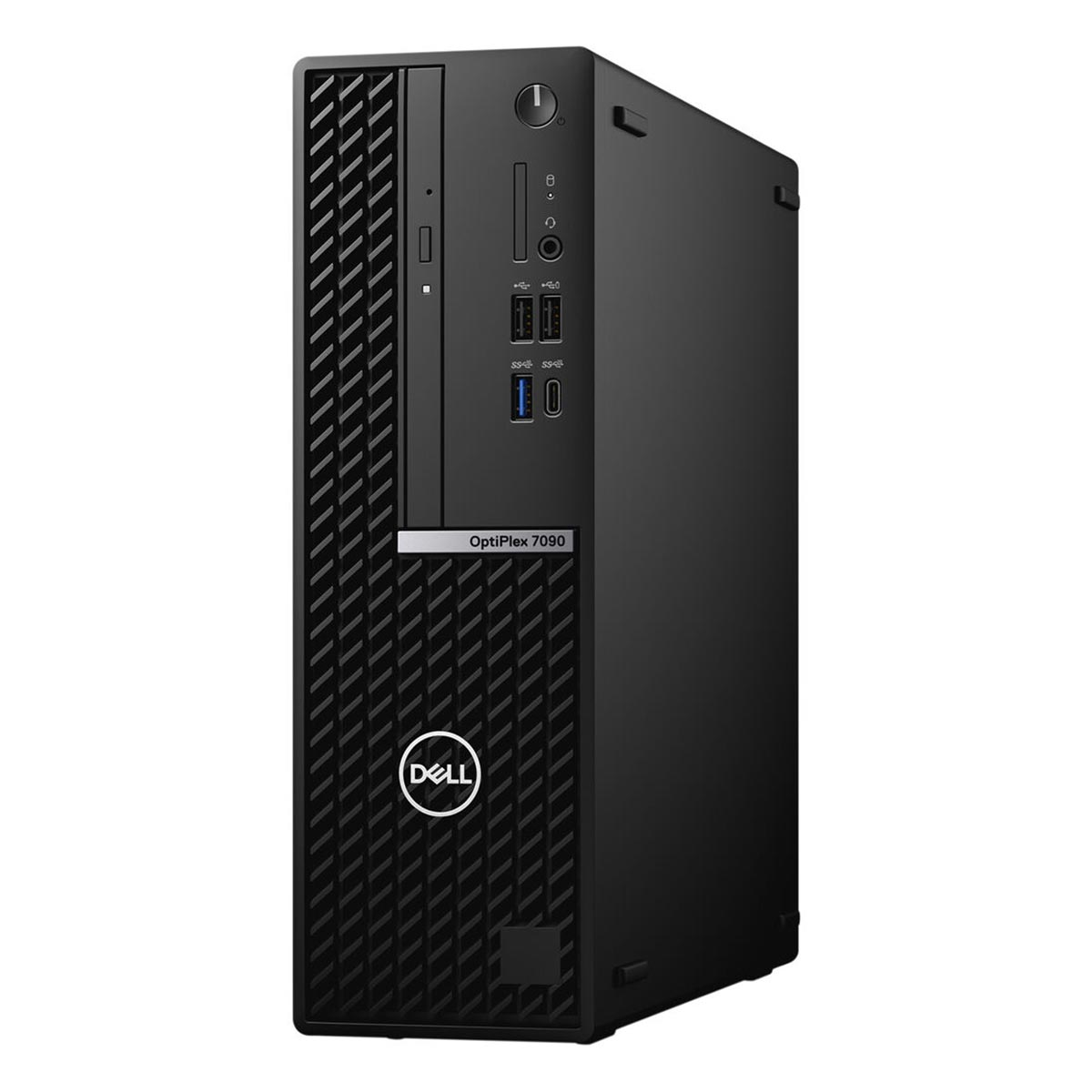 Schwarzer Dell OptiPlex 7090 Desktop-Computer von vorne auf weißem Hintergrund.
