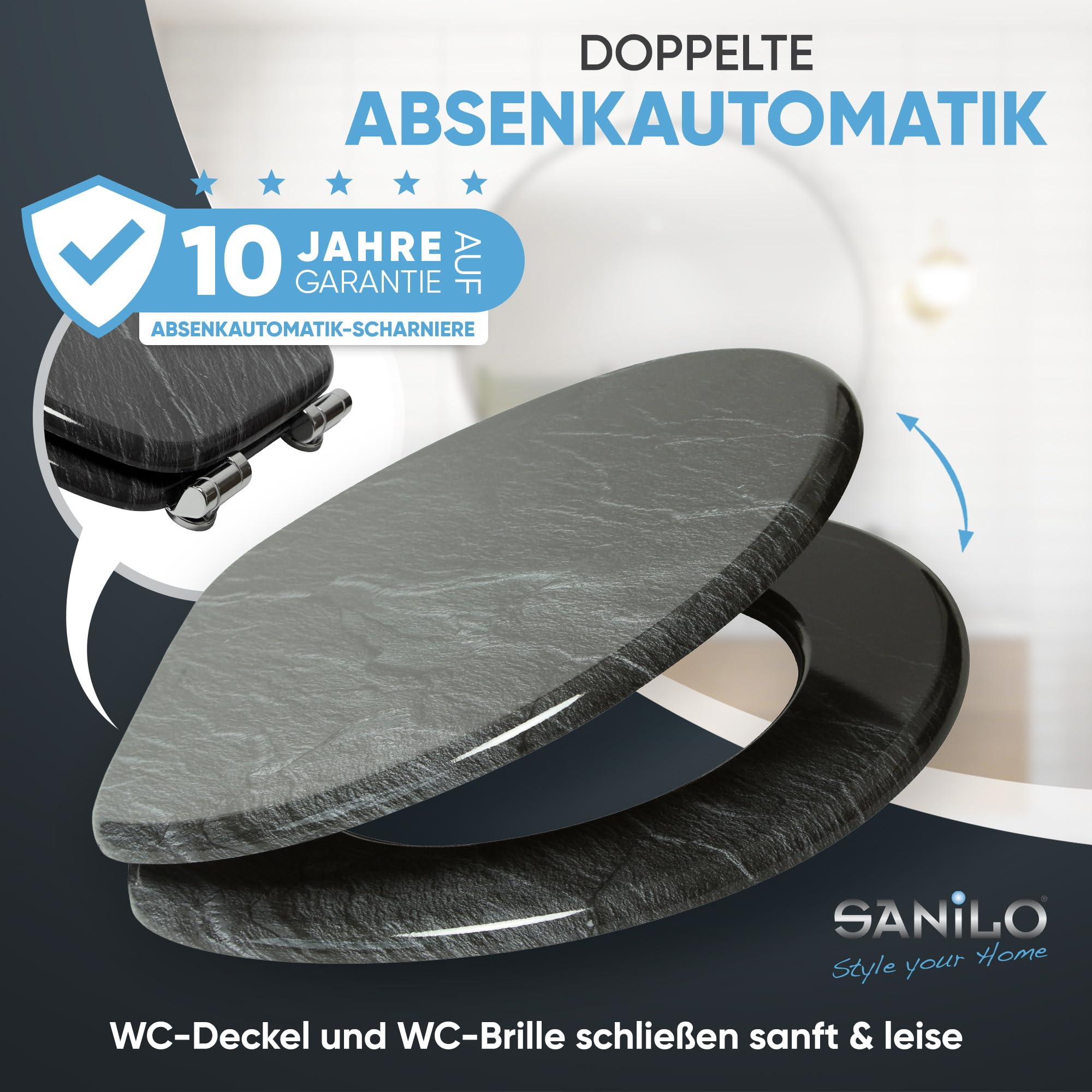 Schwarzer Toilettensitz mit Schieferoptik, Soft-Close-Automatik und 10 Jahren Garantie.