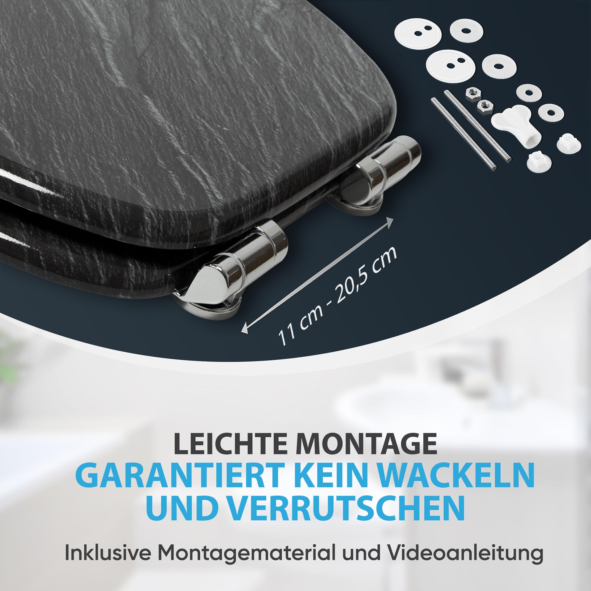 Schwarzer Toilettensitz mit Holzmaserung und Montagematerial, inklusive Maßeinblendung von 11 bis 20,5 cm.