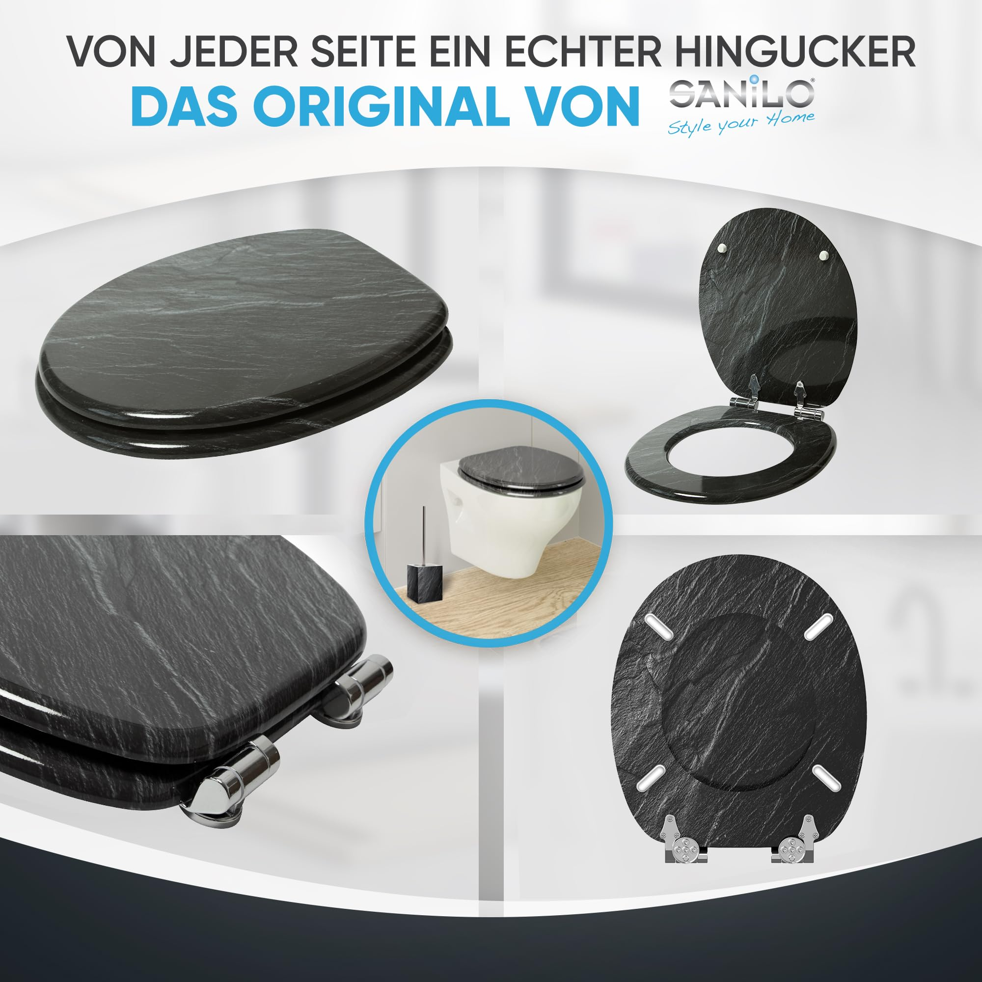 Eine Collage zeigt einen schwarzen WC-Sitz mit Steinmuster aus verschiedenen Perspektiven.