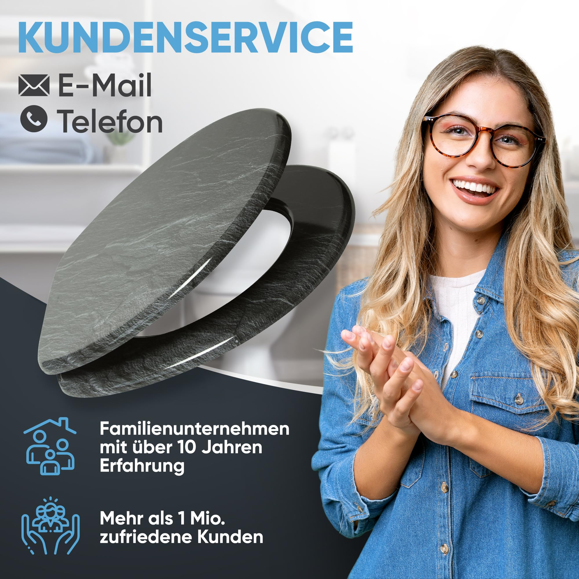 Lächelnte Frau mit Brille und WC-Sitz, Kundenservice-Text und Firmeninfos.