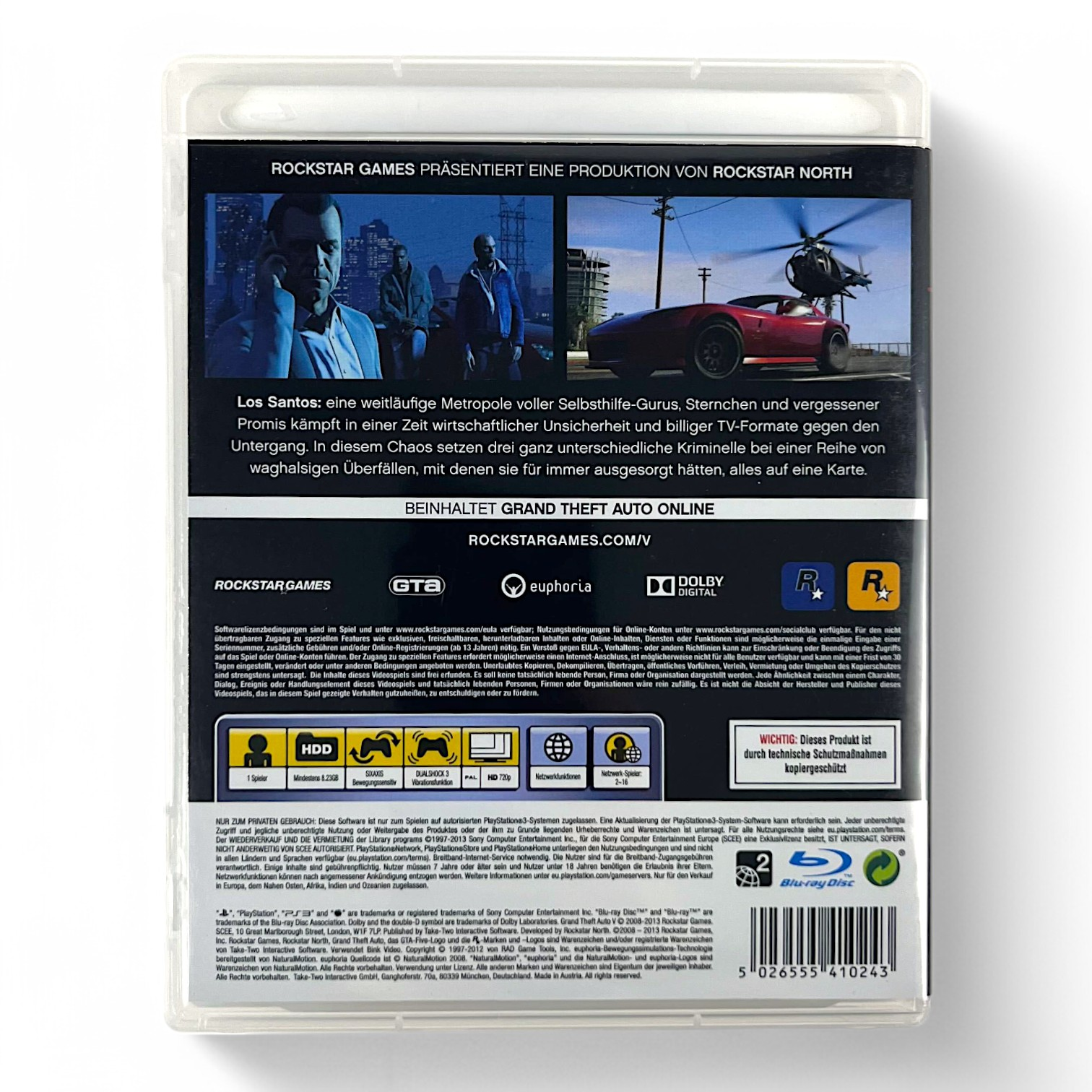 Rückseite einer Grand Theft Auto V PS3-Spielehülle mit Screenshots, deutscher Beschreibung und Spieldetails.