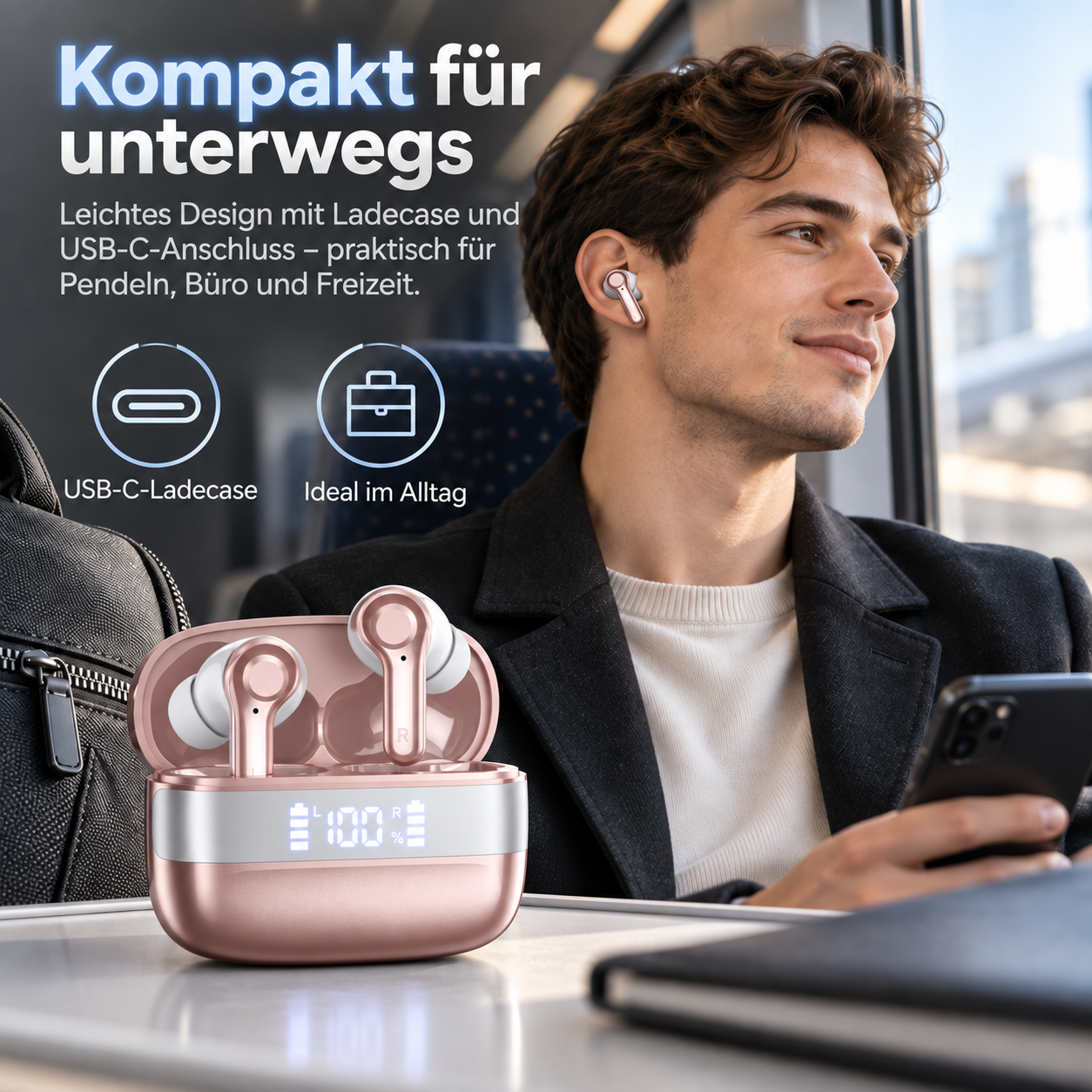 Ein Mann im Zug trägt rosafarbene Ohrhörer, während auf dem Tisch ein Ladecase und Text stehen.