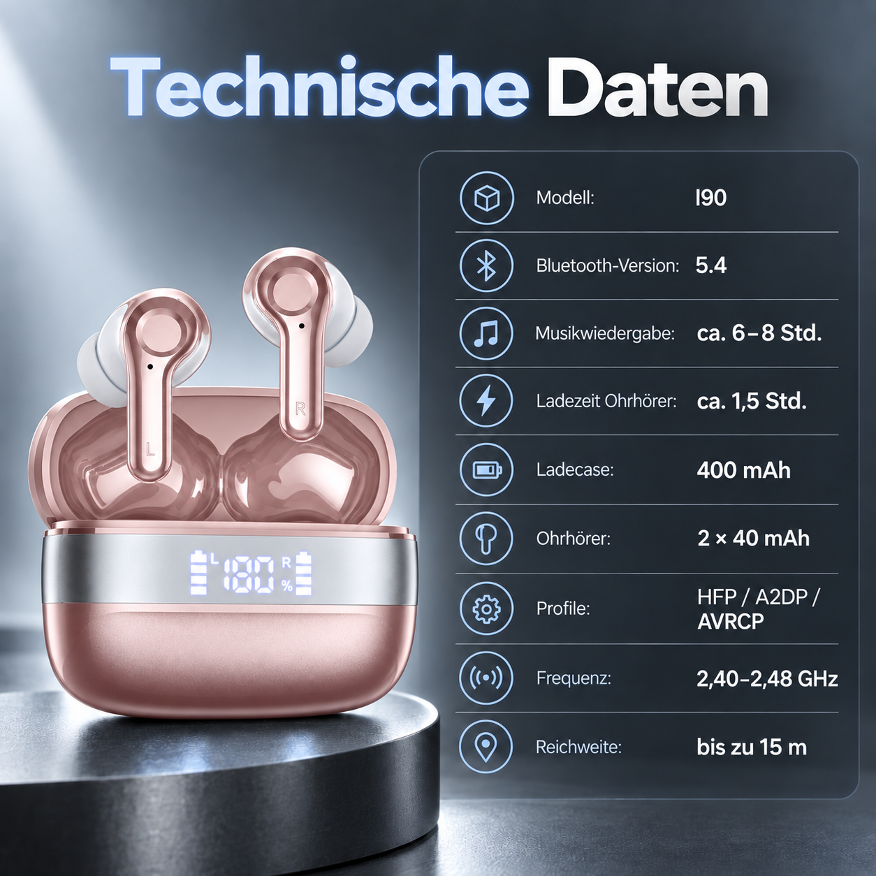 Roségoldene In-Ear-Kopfhörer im Ladecase mit digitalem Display und technischen Daten daneben.