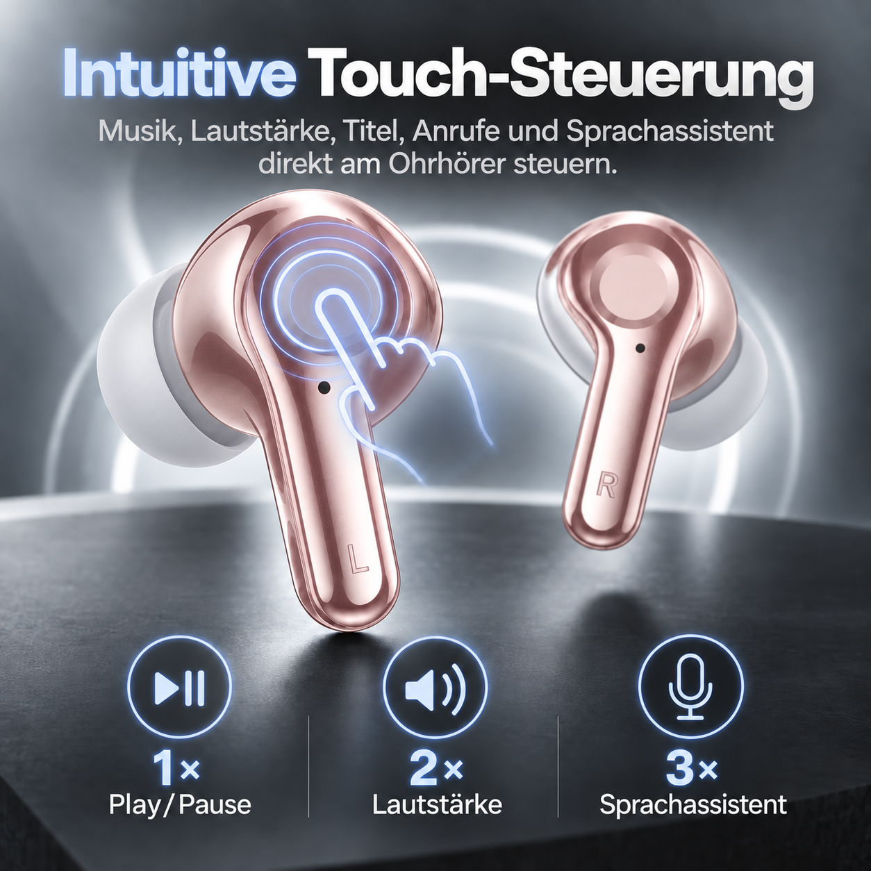 Roségoldene In-Ear-Kopfhörer mit Touch-Steuerung und Funktionsicons.