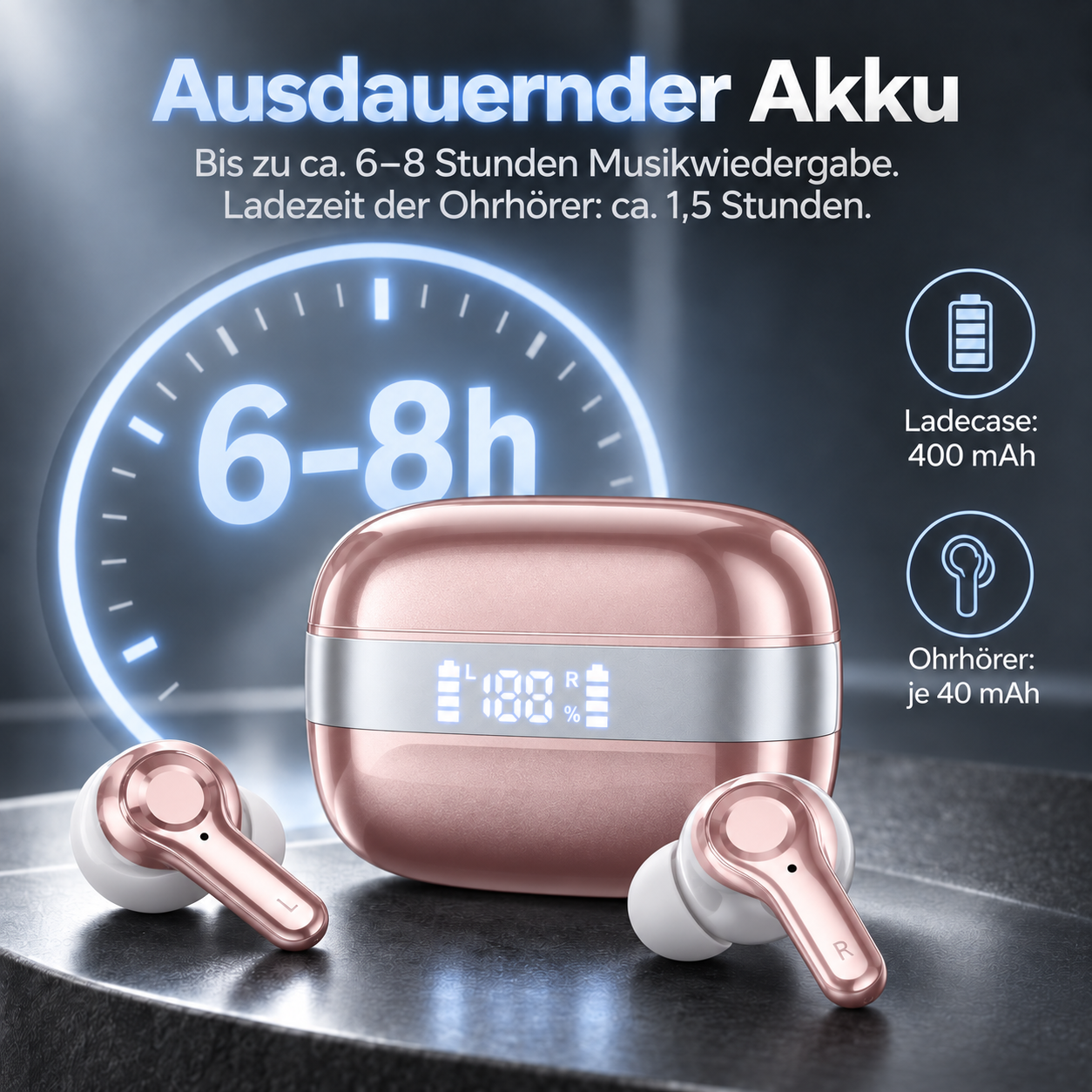 Rosegoldene kabellose Ohrhörer mit Ladecase und digitaler Akkustandanzeige vor blauem Hintergrund.