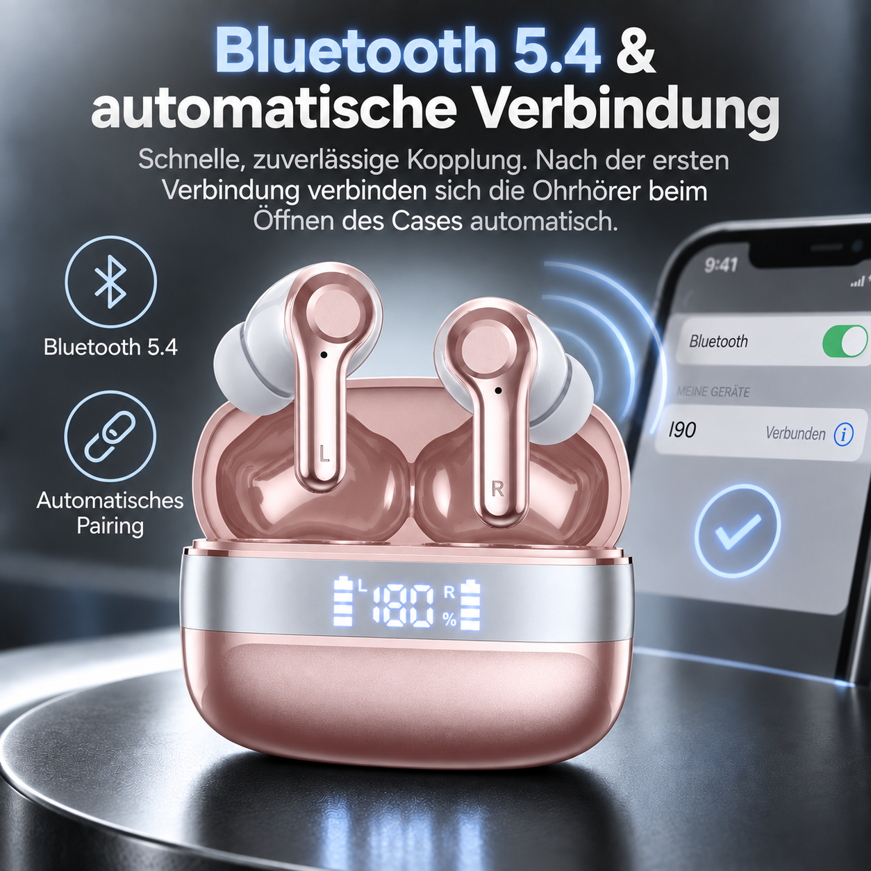 Roségoldene In-Ear-Kopfhörer in Ladecase mit Digitalanzeige, daneben Smartphone mit Bluetooth-Verbindung.
