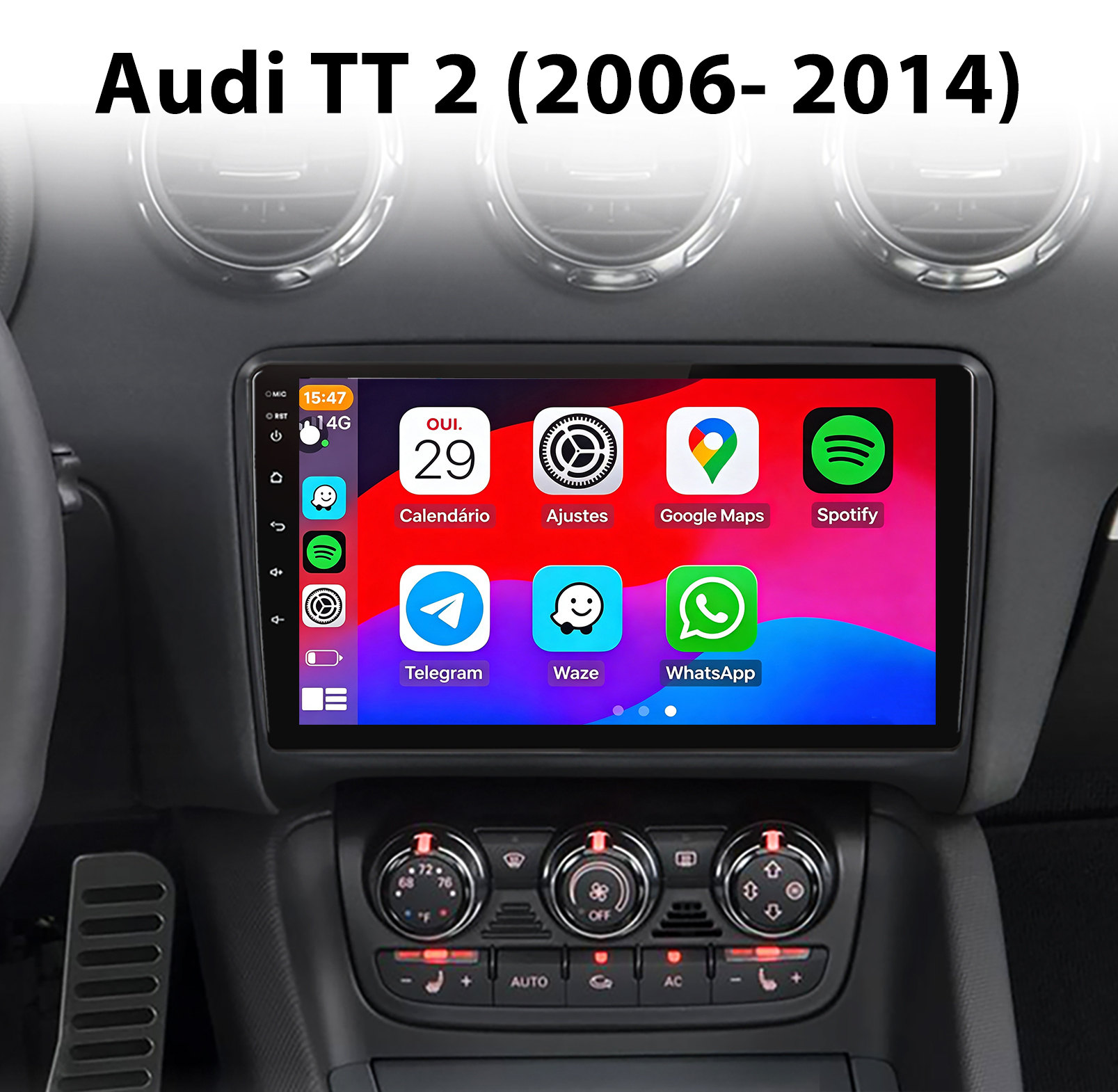 Armaturenbrett eines Audi TT mit eingebautem Touchscreen-Multimediasystem und App-Icons.