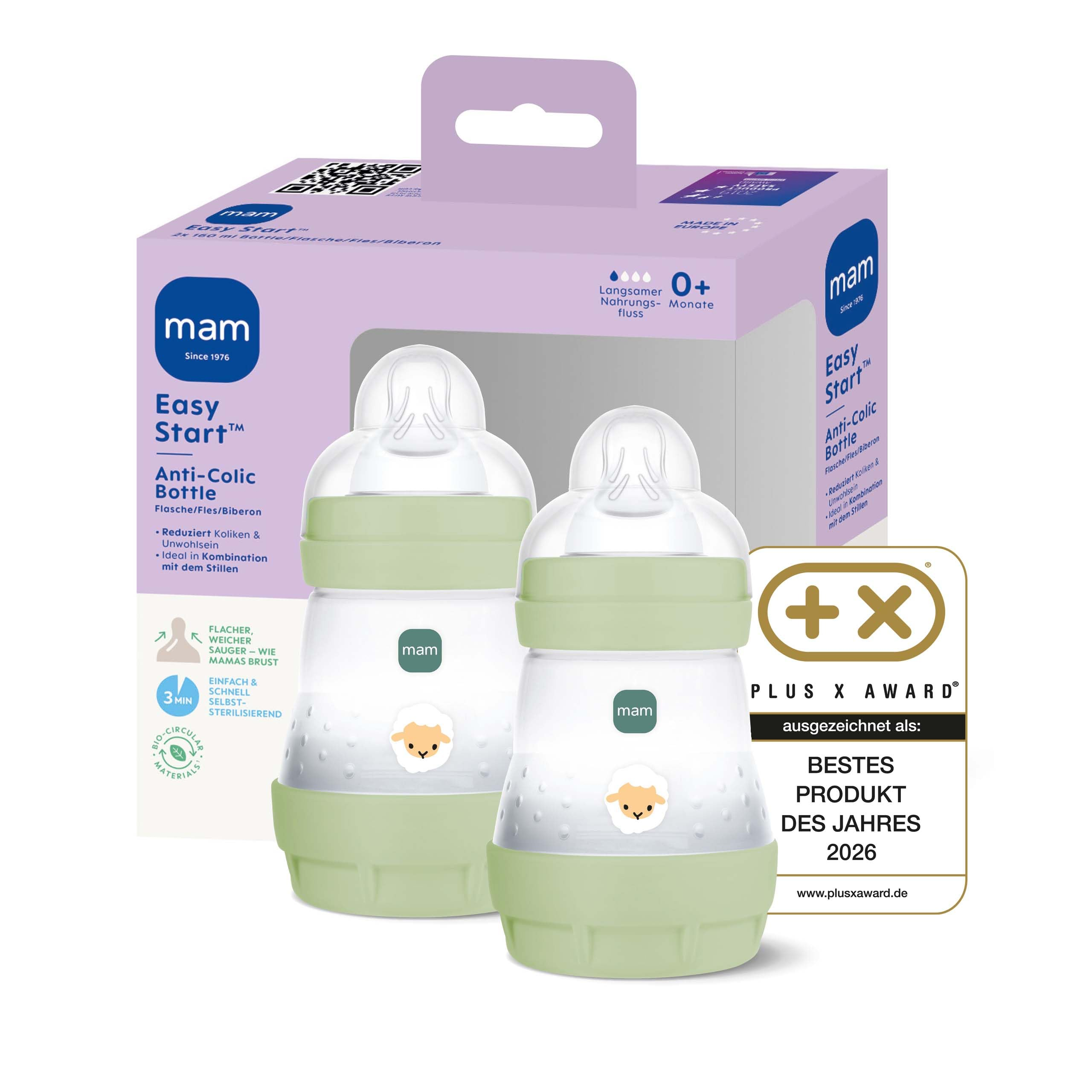Zwei MAM Easy Start Anti-Colic Babyflaschen in Mintgrün mit Schaf-Motiv vor lilafarbener Verpackung.