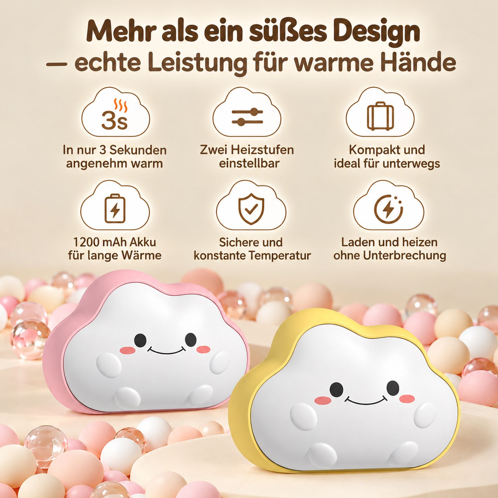 Zwei süße wolkenförmige Handwärmer in Pink und Gelb mit Icons und Texten über ihren Funktionen.
