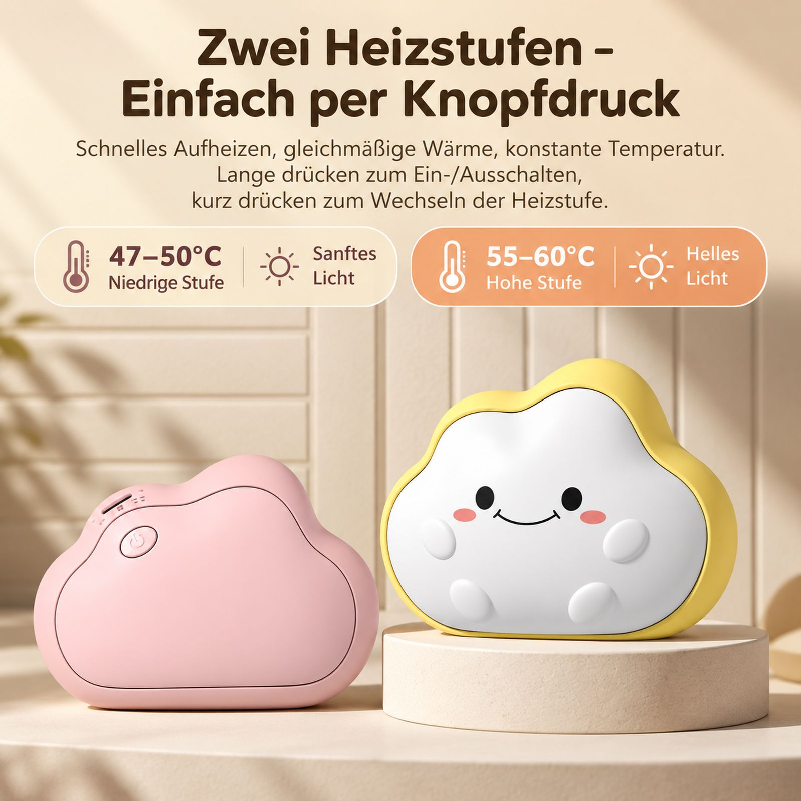 Zwei wolkenförmige Geräte, ein rosa und ein gelbes mit Gesicht, mit deutschem Text.
