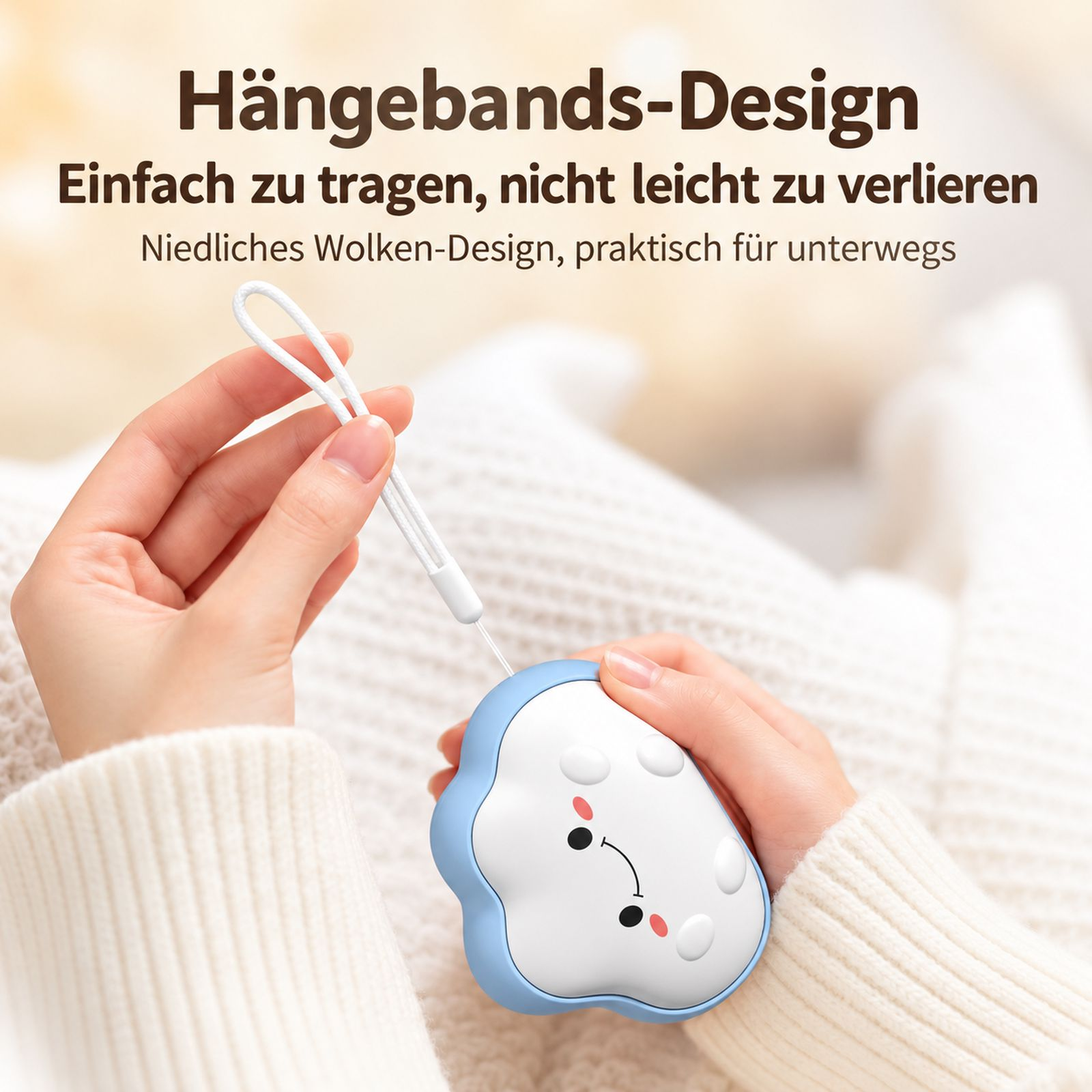 Eine Hand hält ein niedliches, blau-weißes wolkenförmiges Gerät mit einem Trageband.