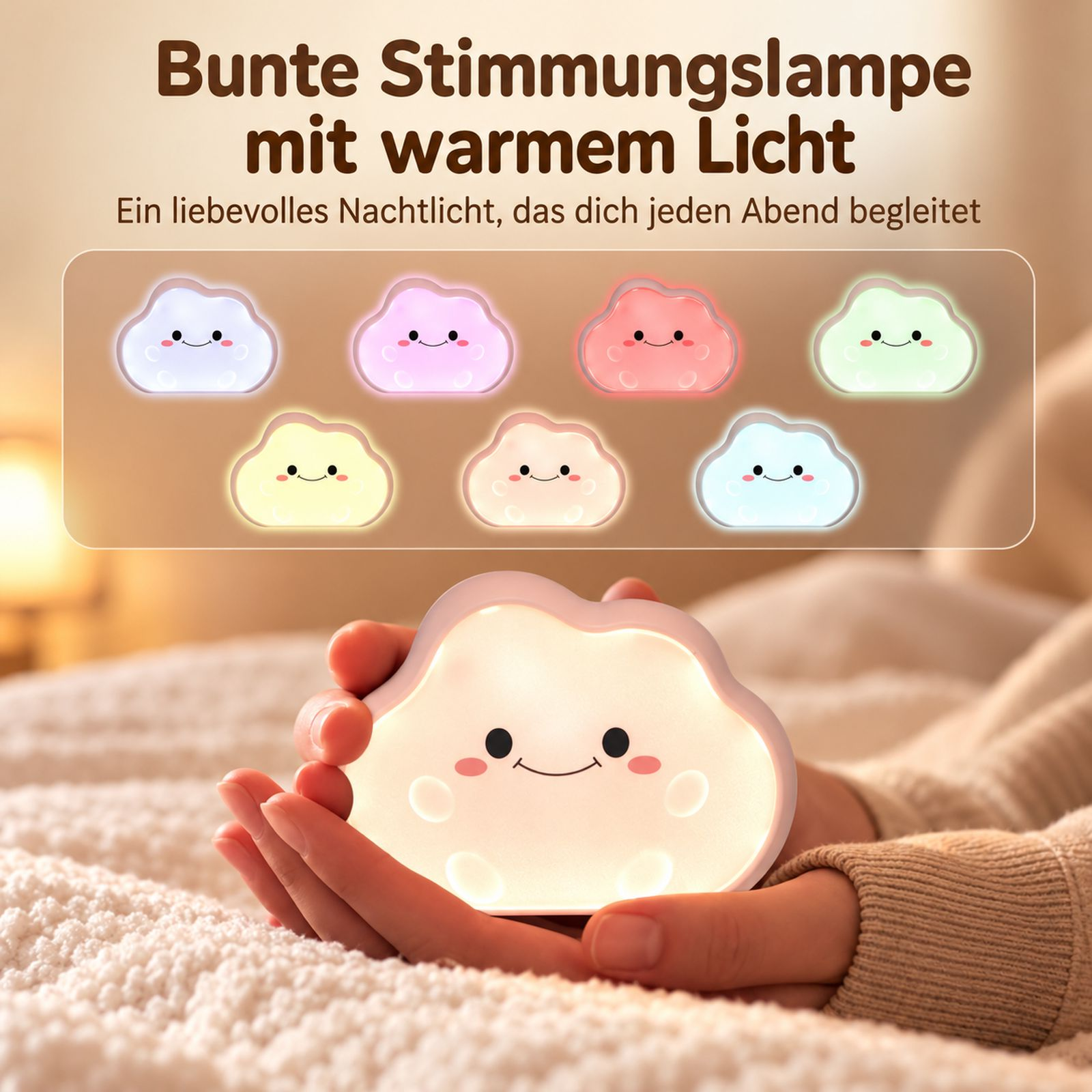 Hände halten eine süße, leuchtende Wolken-Nachtlampe im Bett, oben Farboptionen.