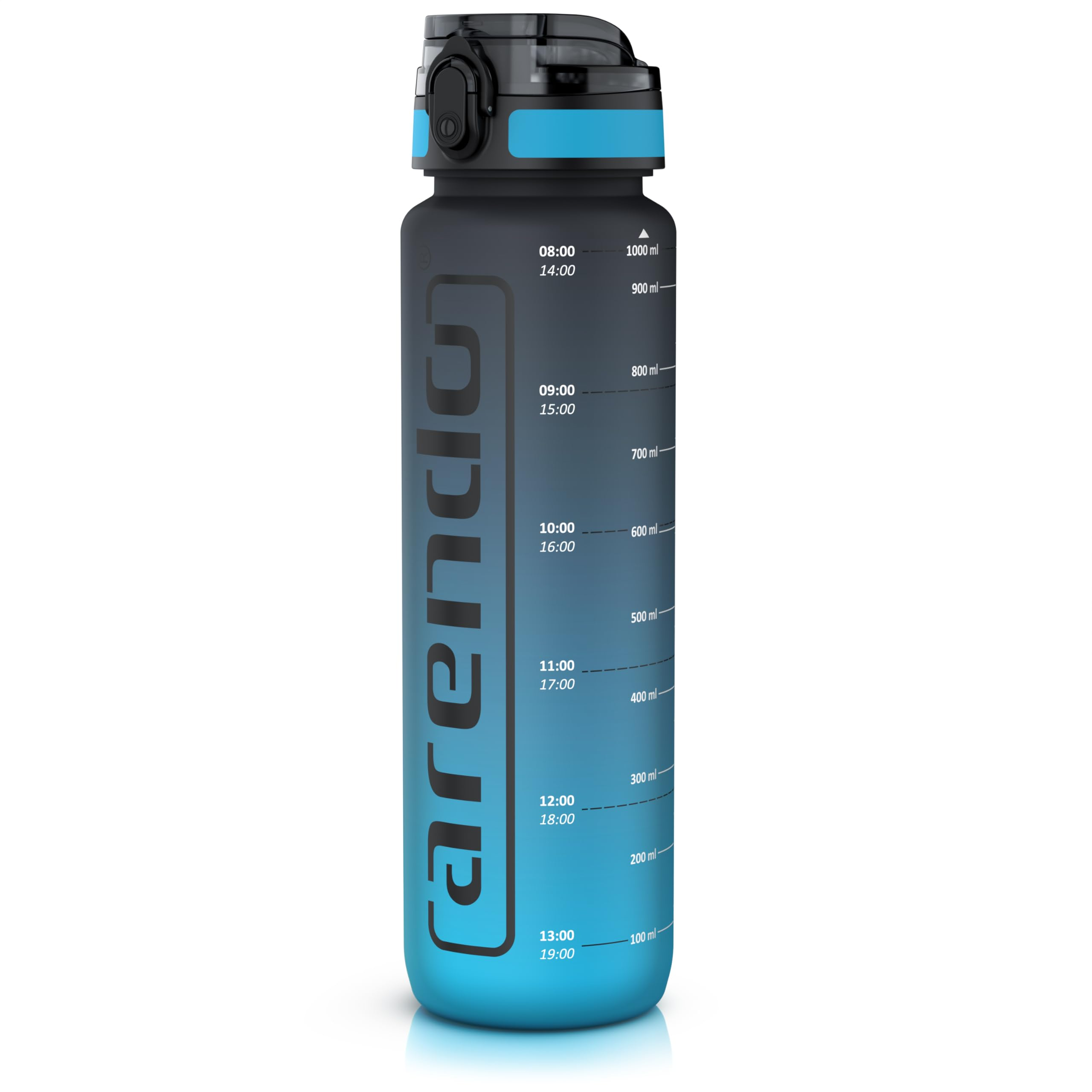 Blaue und schwarze Carencia-Trinkflasche mit Stundenmarkierungen und ml-Skala auf weißem Grund.