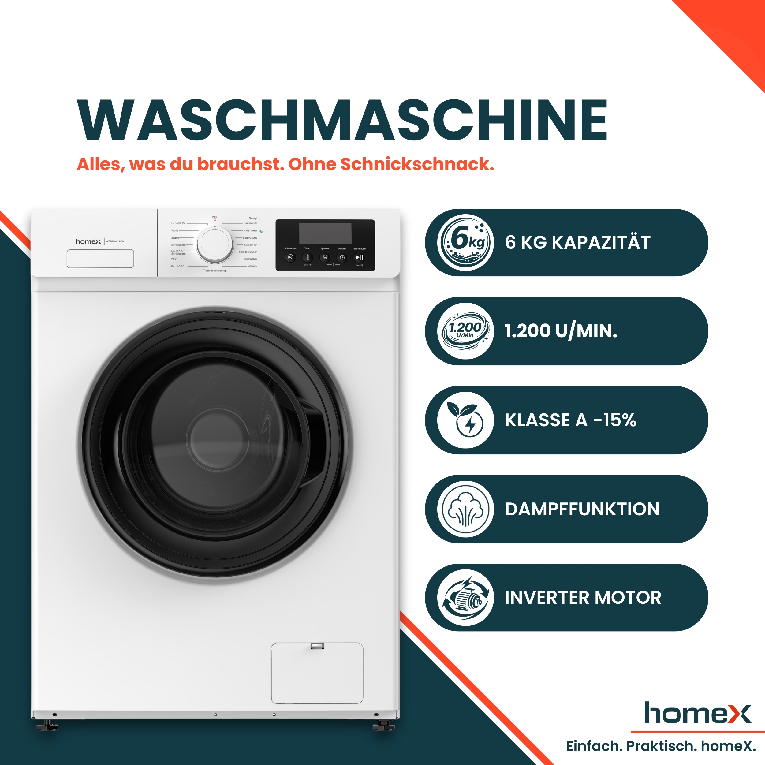 Weiße Homex Waschmaschine mit 6 kg Kapazität und technischen Features wie Dampffunktion und Inverter-Motor.