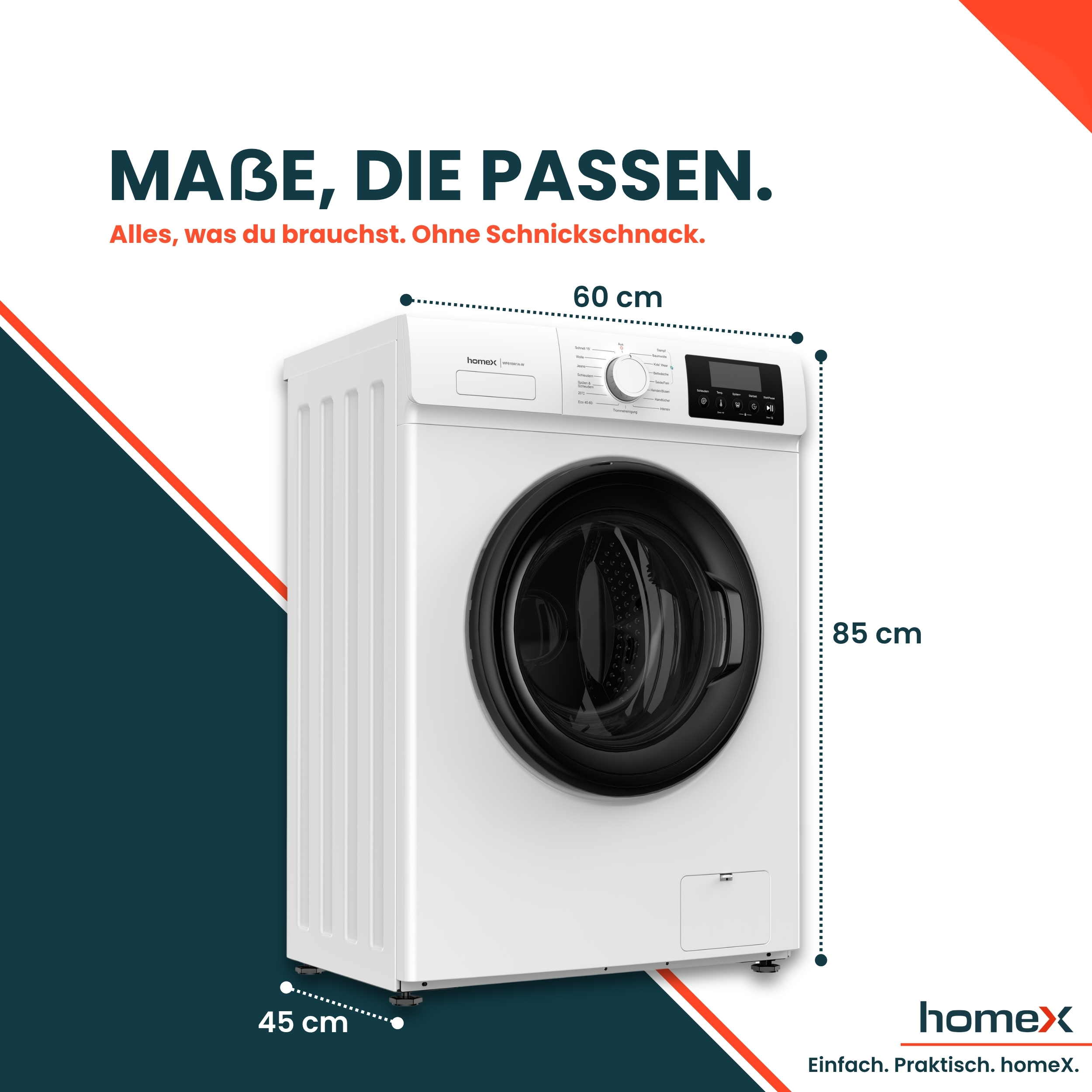 Weiße Homex Waschmaschine mit Maßangaben von 60x85x45 cm.