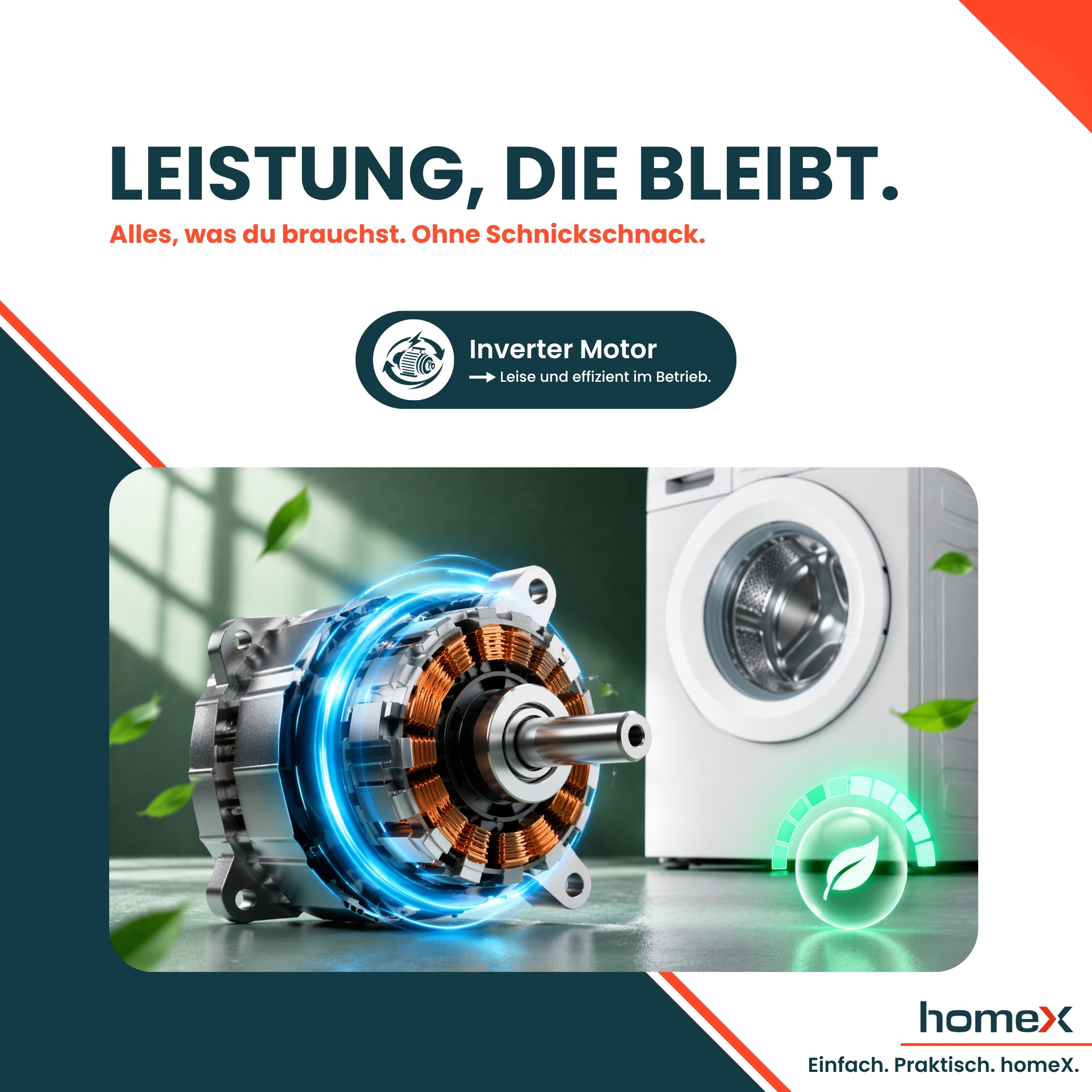 Inverter-Motor mit blauen Lichtringen vor einer Waschmaschine und schwebenden Blättern.