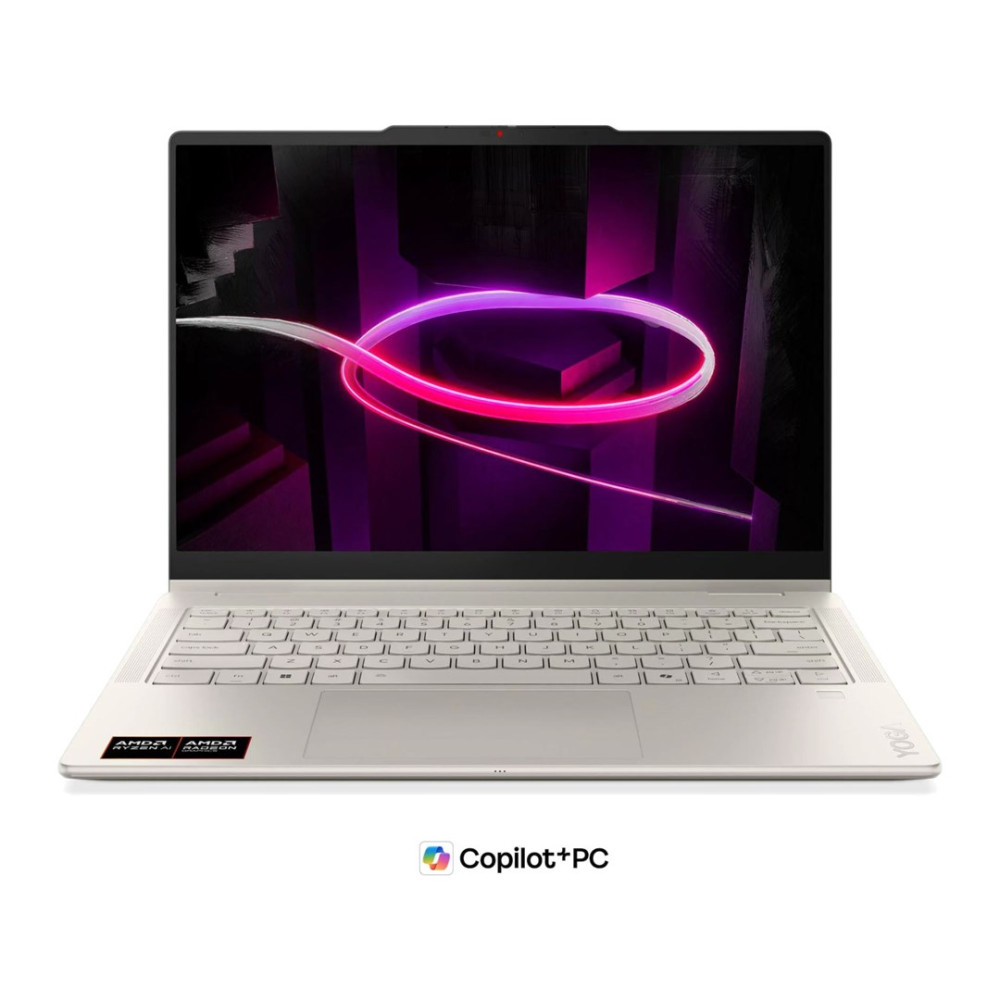 Srebrny laptop z podświetlanym ekranem i klawiaturą, z logo Copilot+PC poniżej.