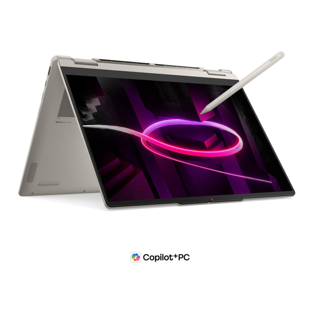 Srebrny laptop konwertowalny otwarto z rysikiem nad ekranem pokazującym fioletową grafikę abstrakcyjną.