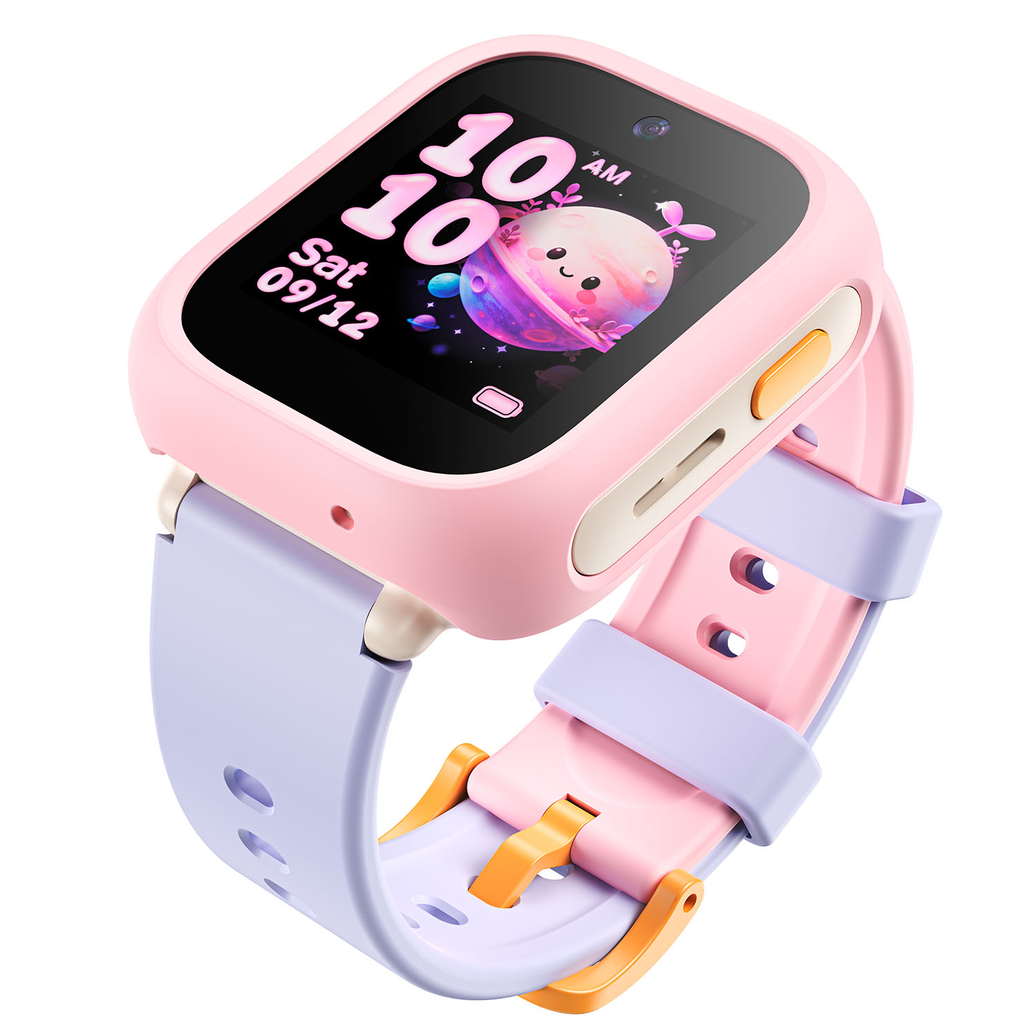 Reloj inteligente rosa para niños con correa morada y pantalla espacial.