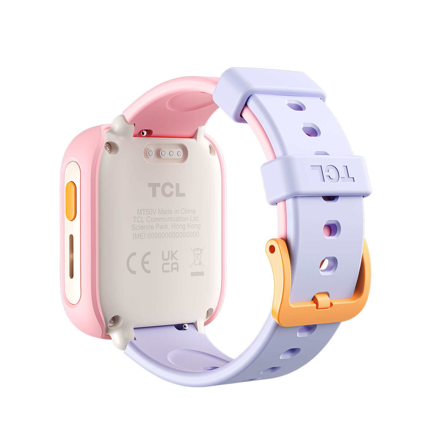 Parte trasera de un reloj inteligente rosa y morado para niños con hebilla naranja.