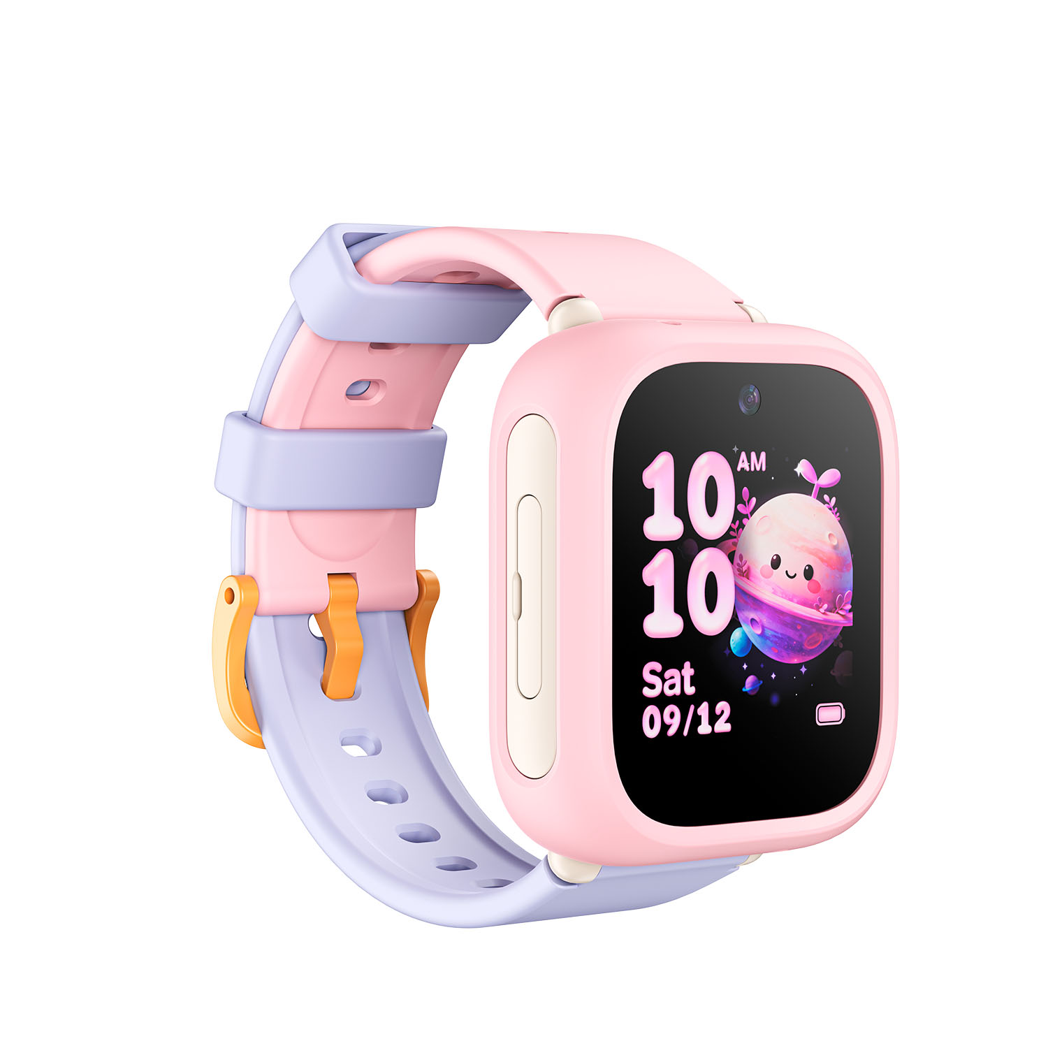Reloj inteligente rosa y morado para niños con esfera digital y gráfico de planeta sobre fondo blanco.