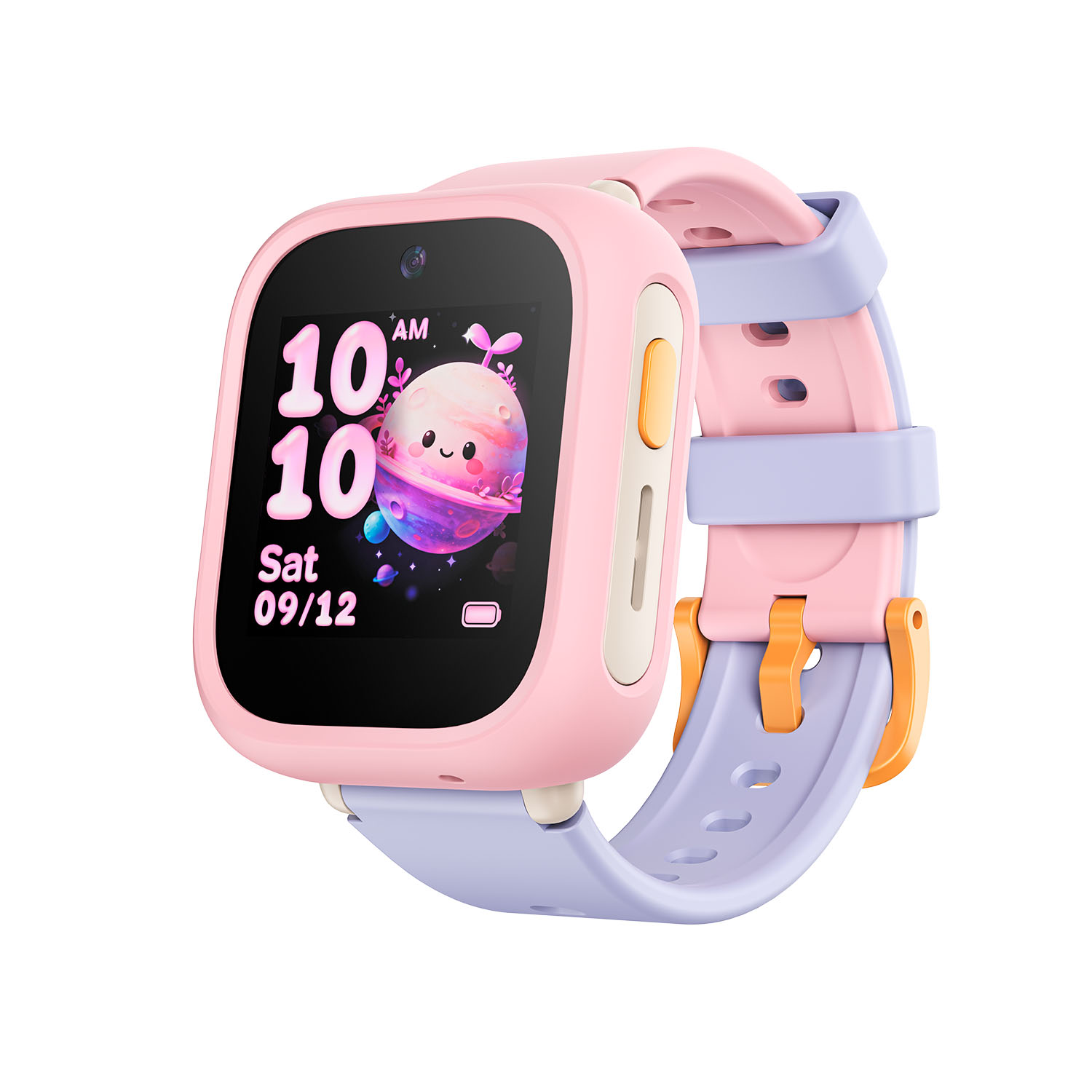 Un reloj inteligente rosa para niños con una pantalla de planeta lindo, correa morada y hebilla naranja.