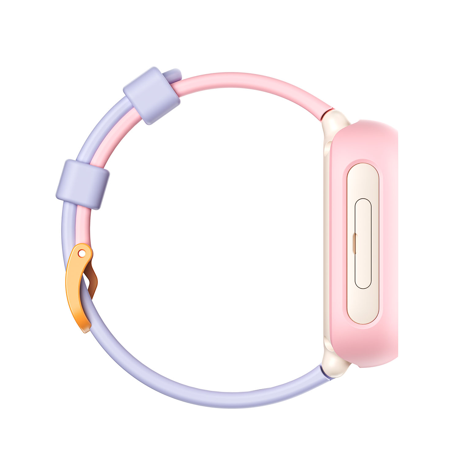 Vista lateral de un reloj inteligente rosa y morado para niños con hebilla naranja sobre fondo blanco.