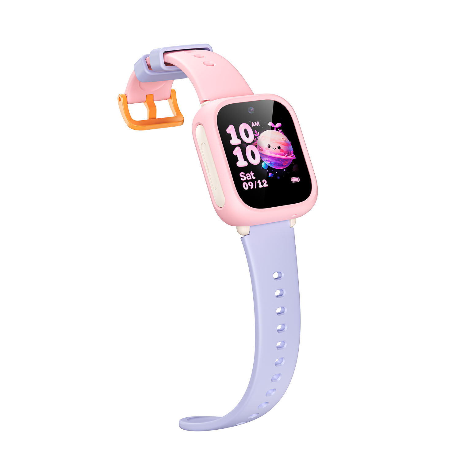 Reloj inteligente para niños rosa y morado con una pantalla digital que muestra un planeta lindo sobre fondo blanco.