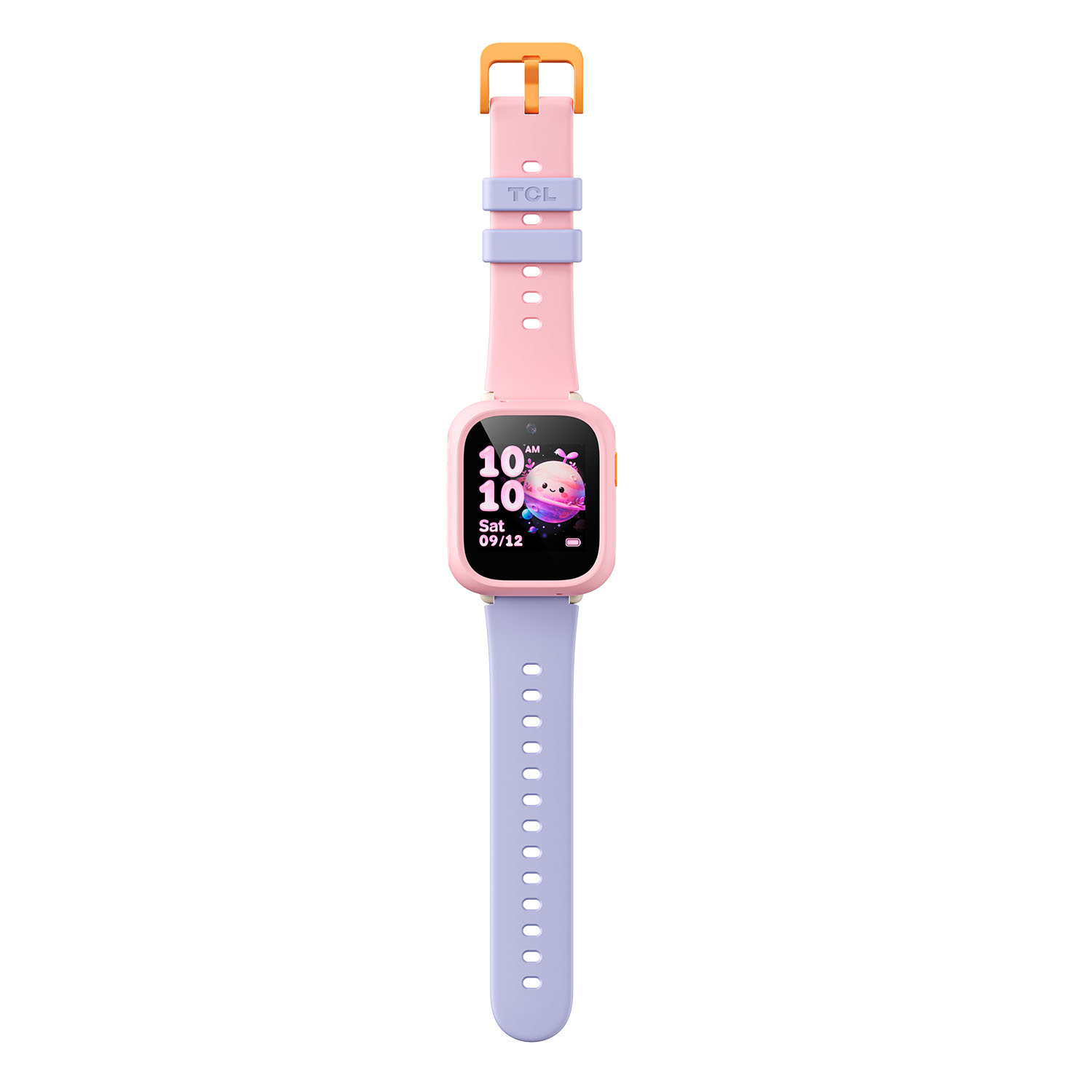 Reloj inteligente para niños rosa y morado con esfera digital y hebilla naranja sobre un fondo blanco.
