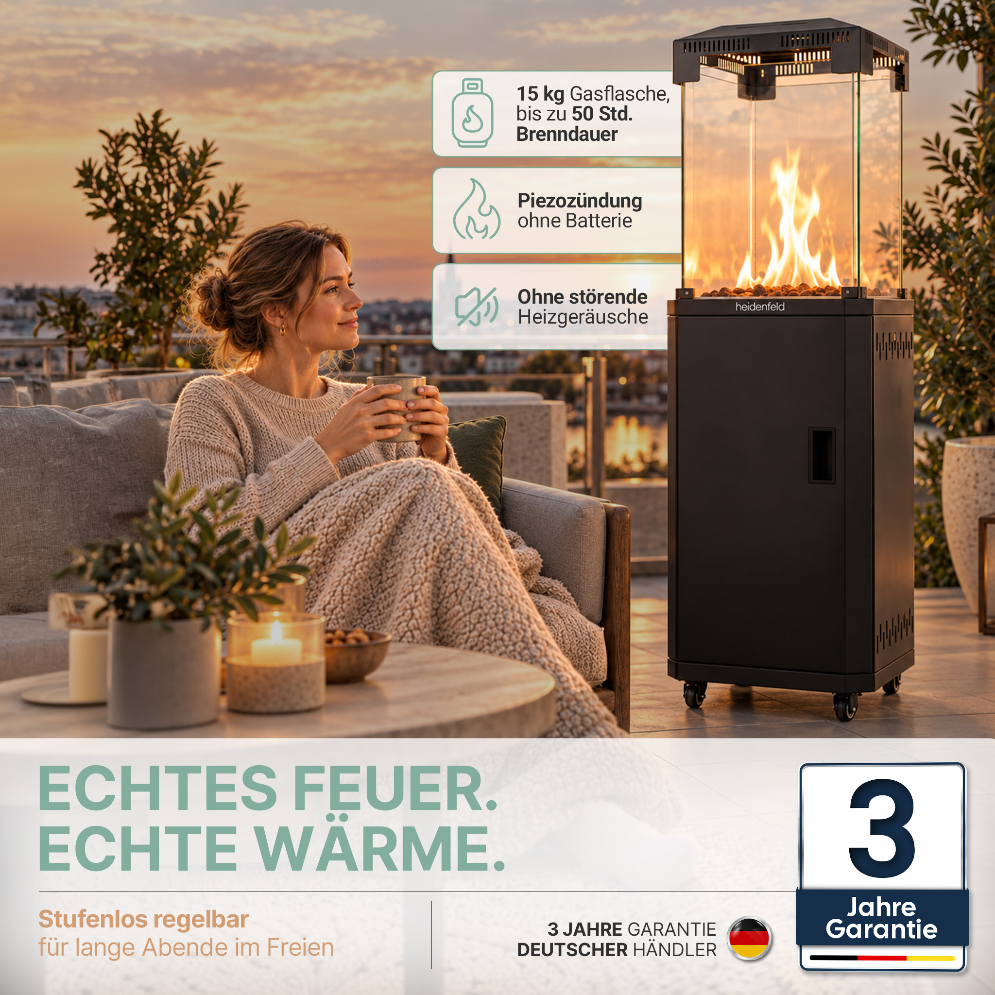 Frau sitzt auf Terrasse mit Gasheizer, der echtes Feuer zeigt, im Hintergrund Sonnenuntergang.