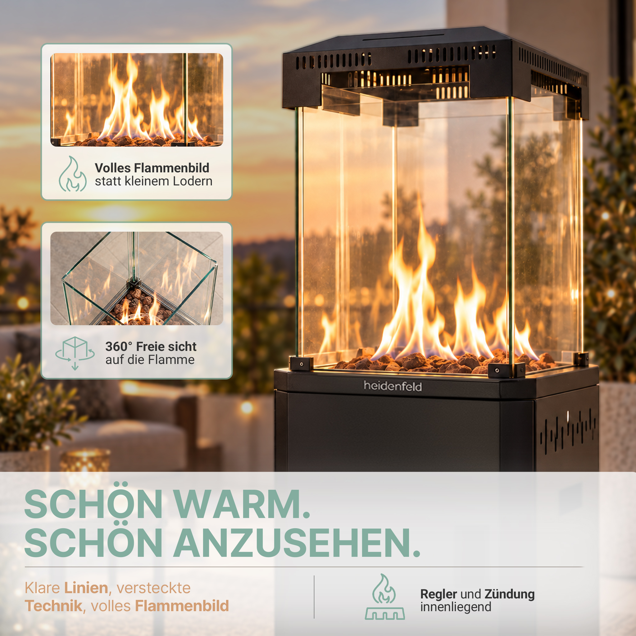 Schwarzer Heidenfeld Terrassenkamin mit verglaster Brennkammer, sichtbaren Flammen und zwei erklärenden Insets.