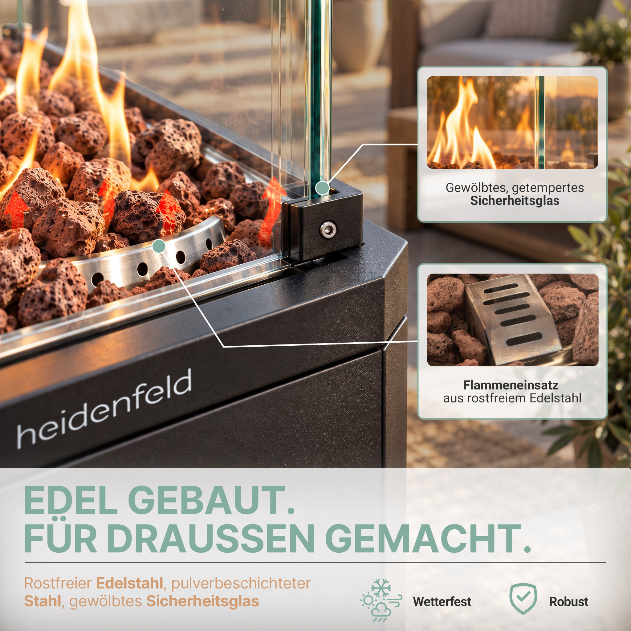Heidenfeld Gasfeuerstelle mit Glas und Lavasteinen, Detailansichten zeigen Sicherheitsglas und Brenner.