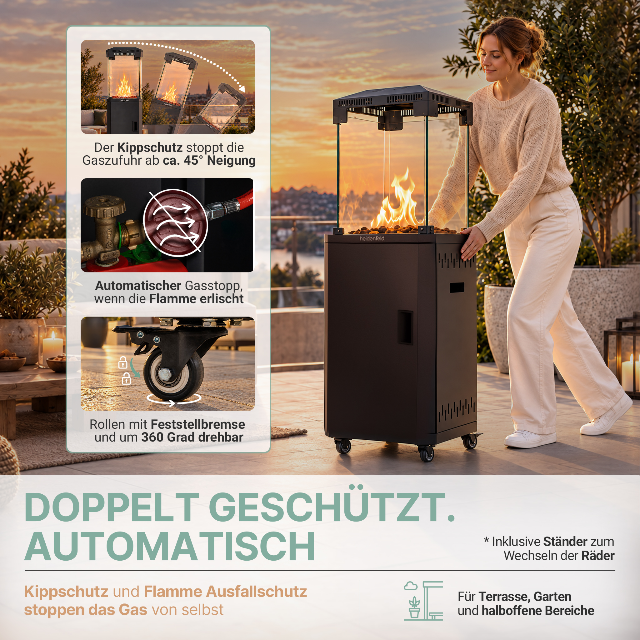 Frau schiebt Terrassenheizer mit Gasflamme; Insets zeigen Kippschutz, Gasstopp und Rollen.