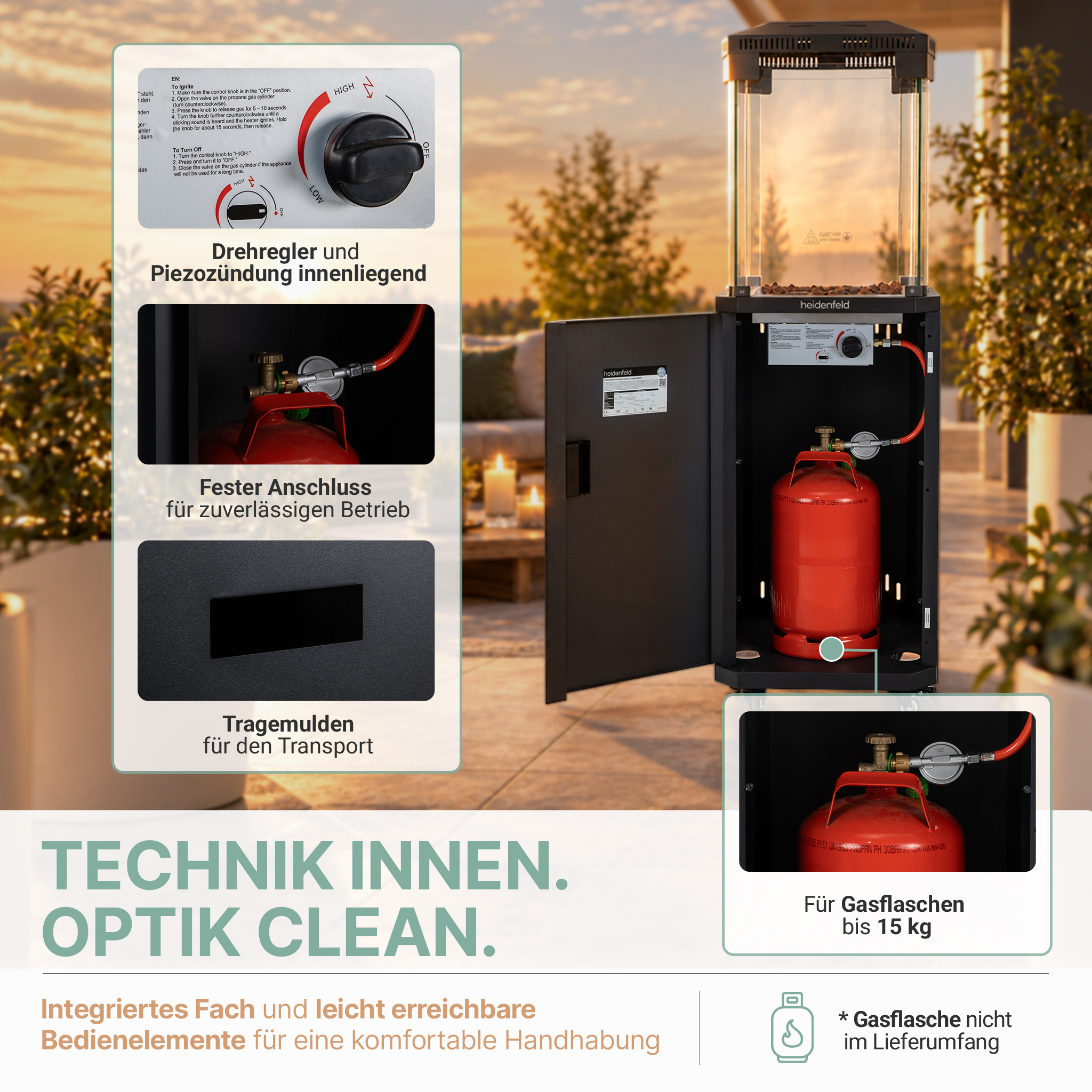 Ein Außenheizer mit integriertem Fach für eine rote Gasflasche, Regler und Tragegriffe.