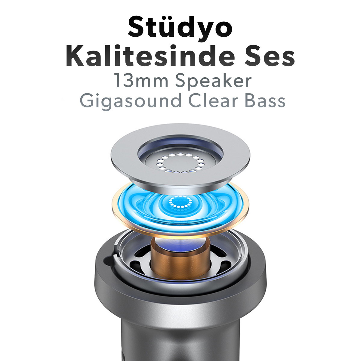 13 mm sürücüye ve mavi vurguya sahip kulaklık hoparlörünün patlatılmış görünümü.