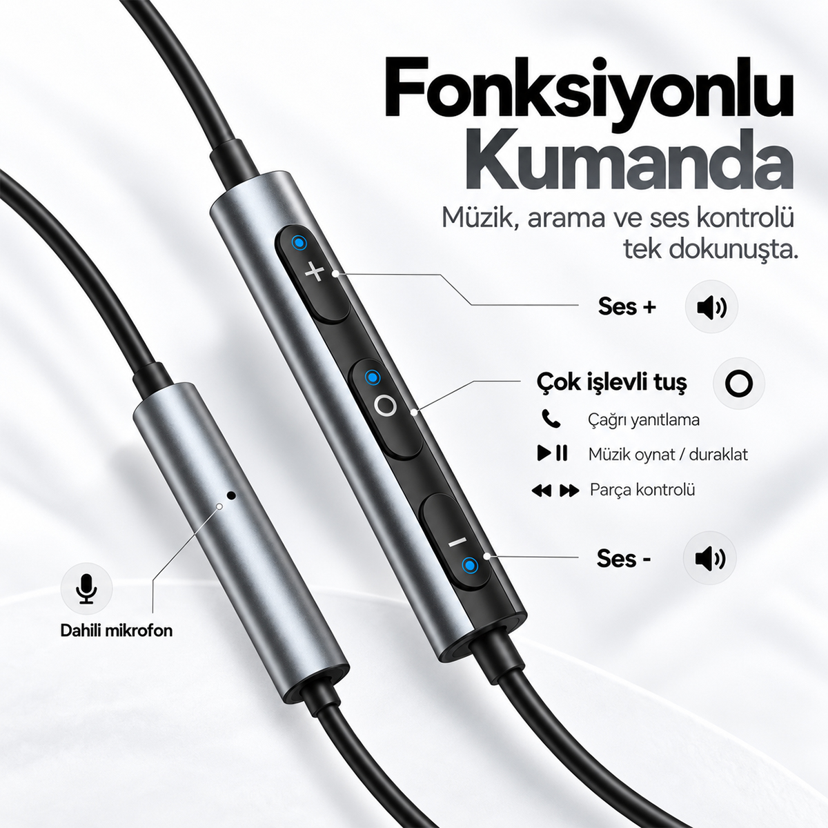 Fonksiyonel kumandalı ve mikrofonlu kulaklık kablosu, Türkçe etiketlerle.