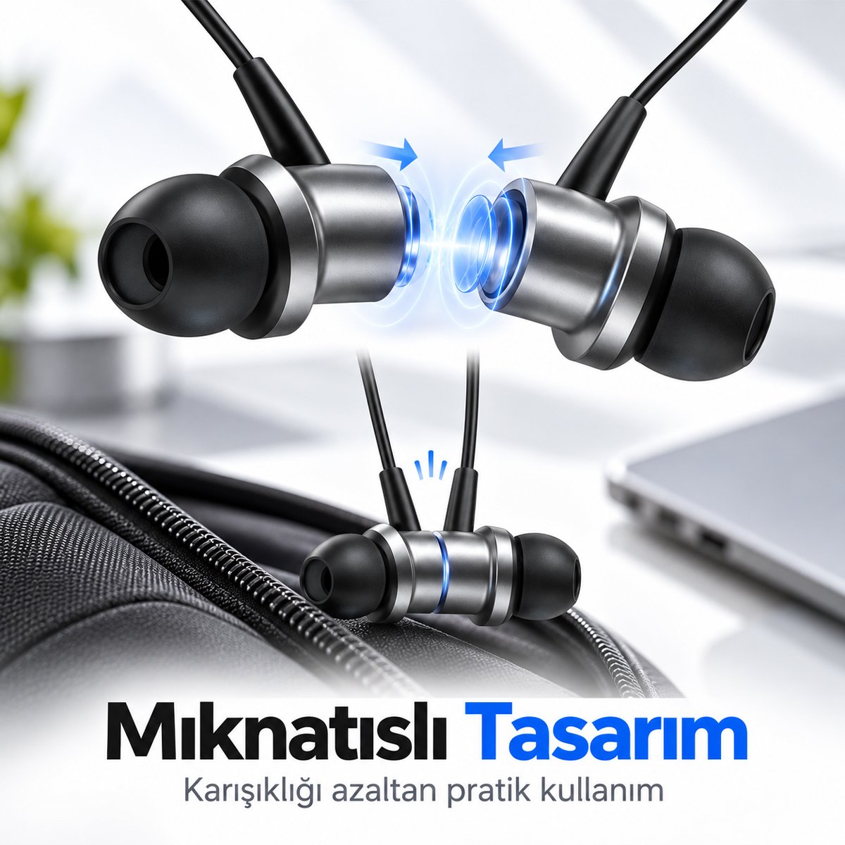 Mıknatıslı kulaklıklar mavi ışık efektleriyle dizüstü bilgisayar çantasının üzerinde duruyor.