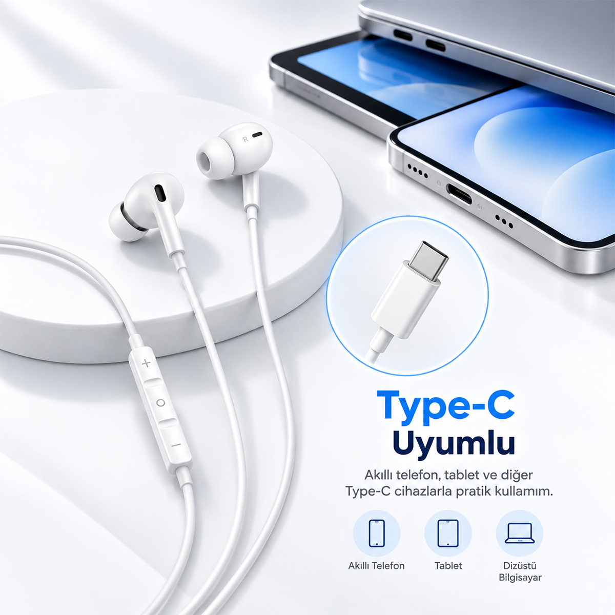 Tip-C konnektörlü beyaz kablolu kulaklık, akıllı telefon, tablet ve dizüstü bilgisayar ile beyaz zeminde.