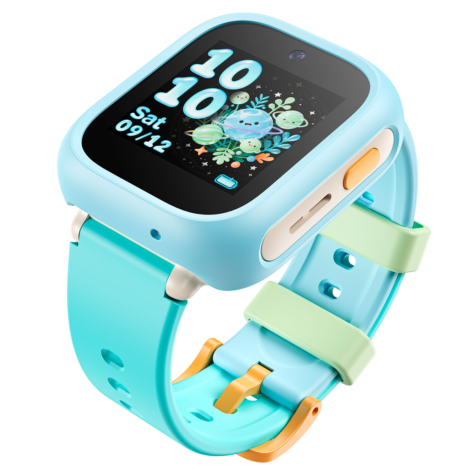 Reloj inteligente azul para niños con tema espacial en pantalla y correas coloridas, sobre fondo blanco.